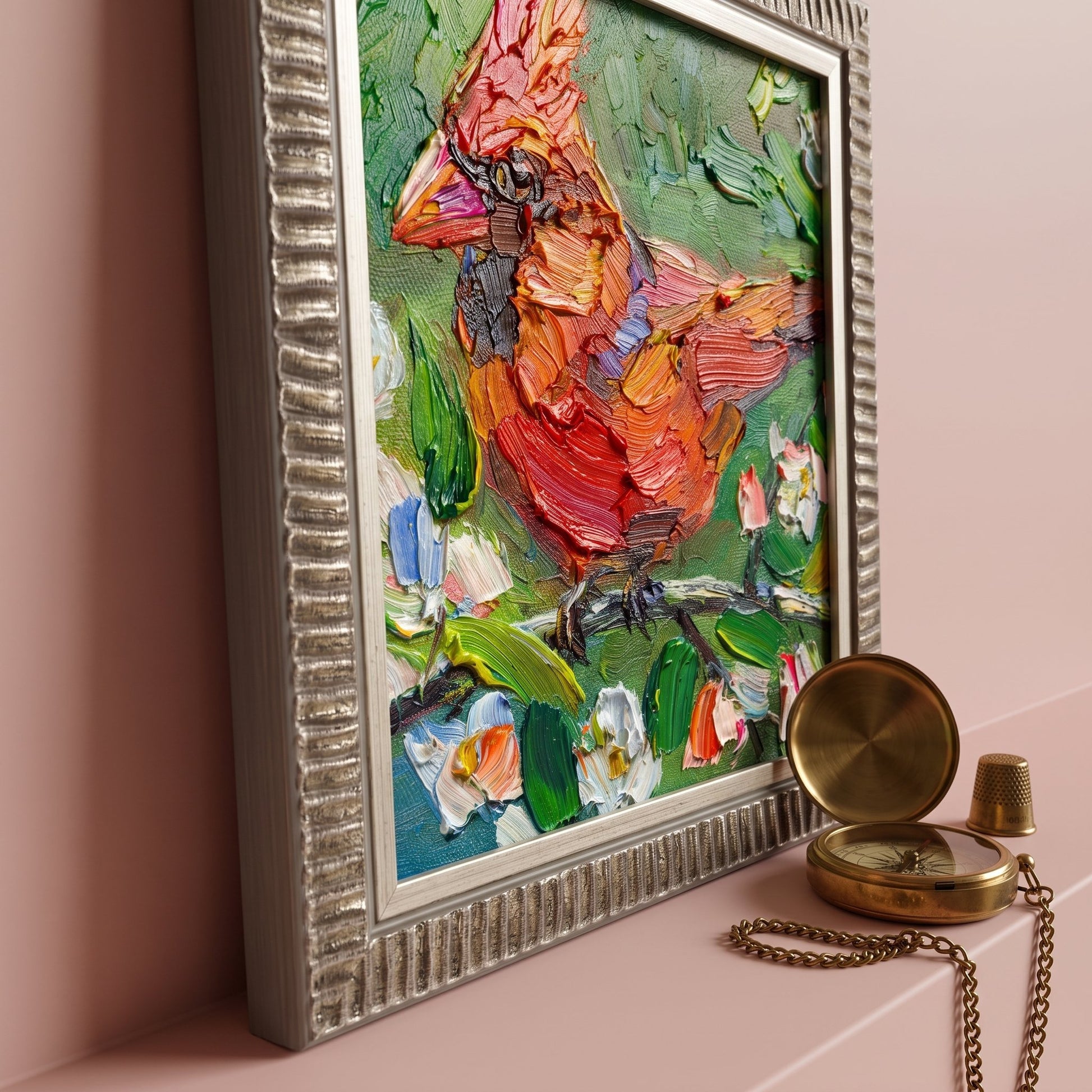 Contemporary entryway — vibrant Impressionist cardinal painting adds warmth and character to soft pink walls