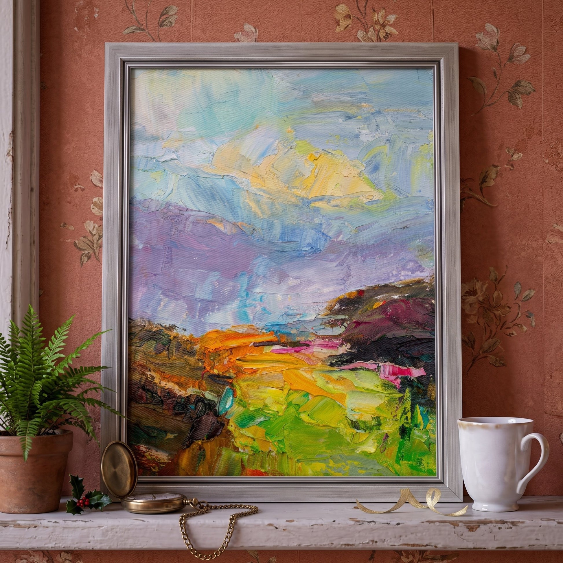 Vintage living room — expressive landscape painting adds vibrant color and texture to warm, floral-decorated space