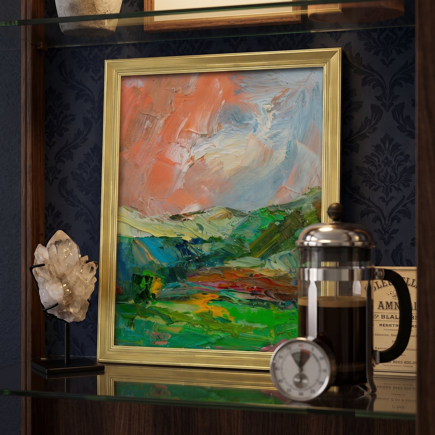 Study, TraditionalDecor — Vibrant expressionist landscape adds color and drama to a refined, dimly lit space