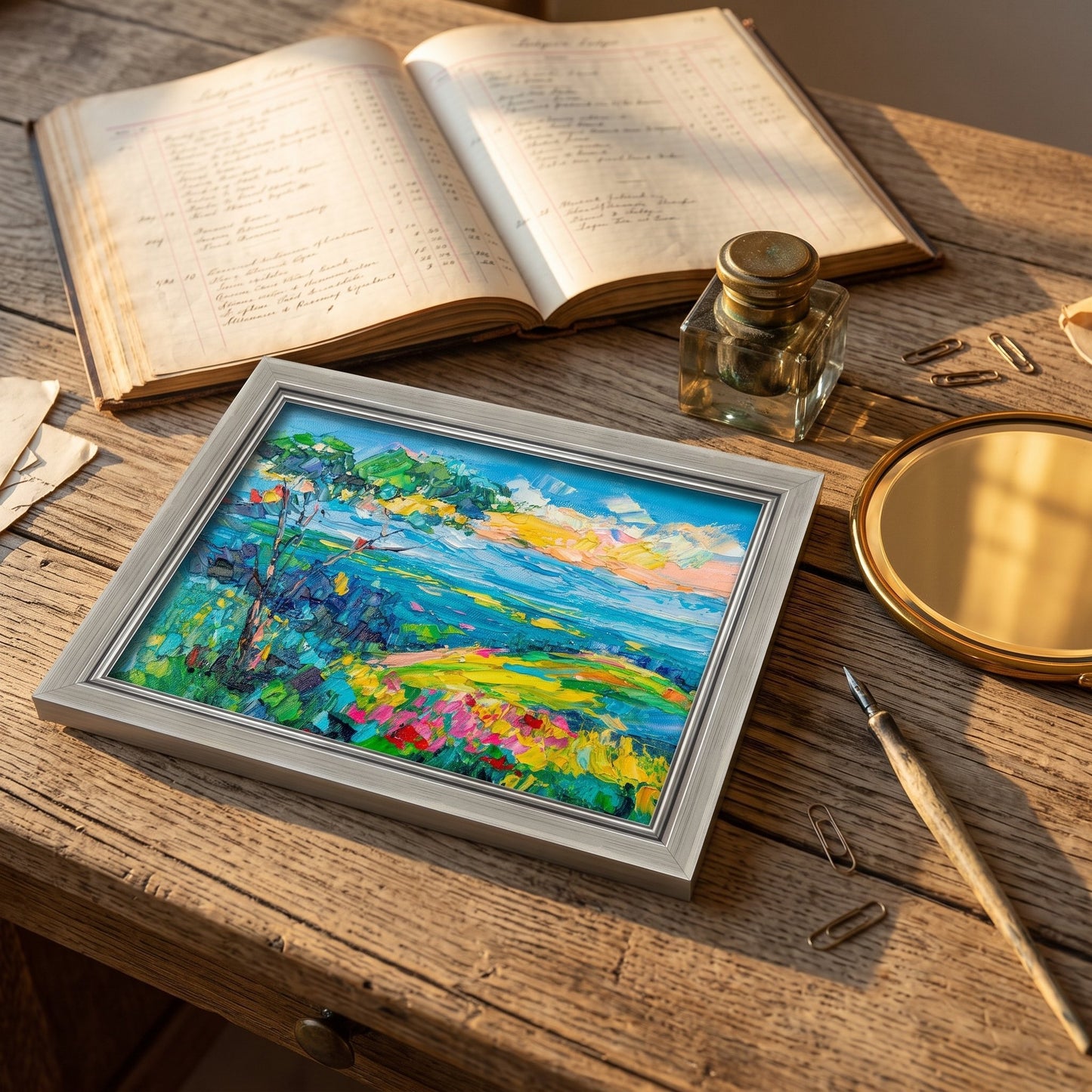Rustic Farmhouse Study — Vibrant Impressionist Landscape Adds Color and Inspiration to a Cozy Writing Nook