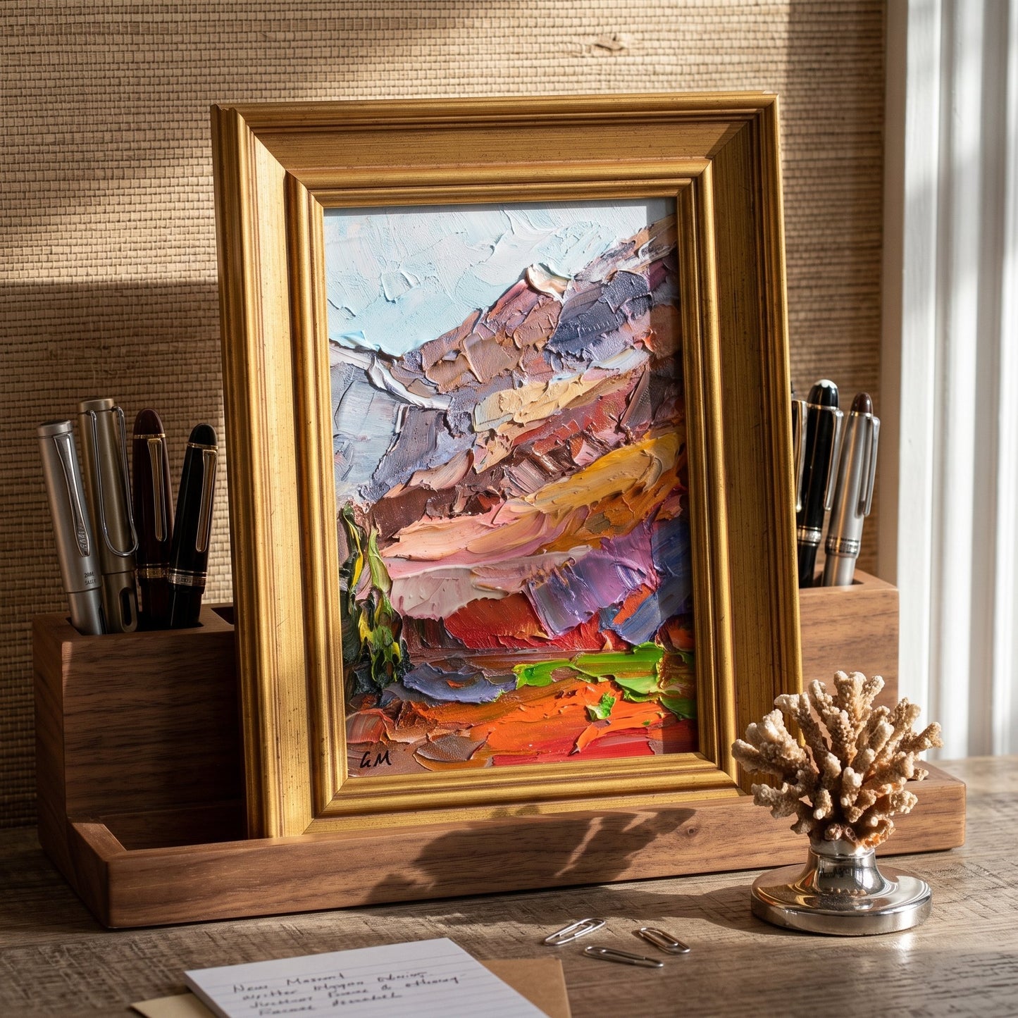 Rustic Farmhouse Study — Vibrant expressionist landscape elevates the space with bold color and texture