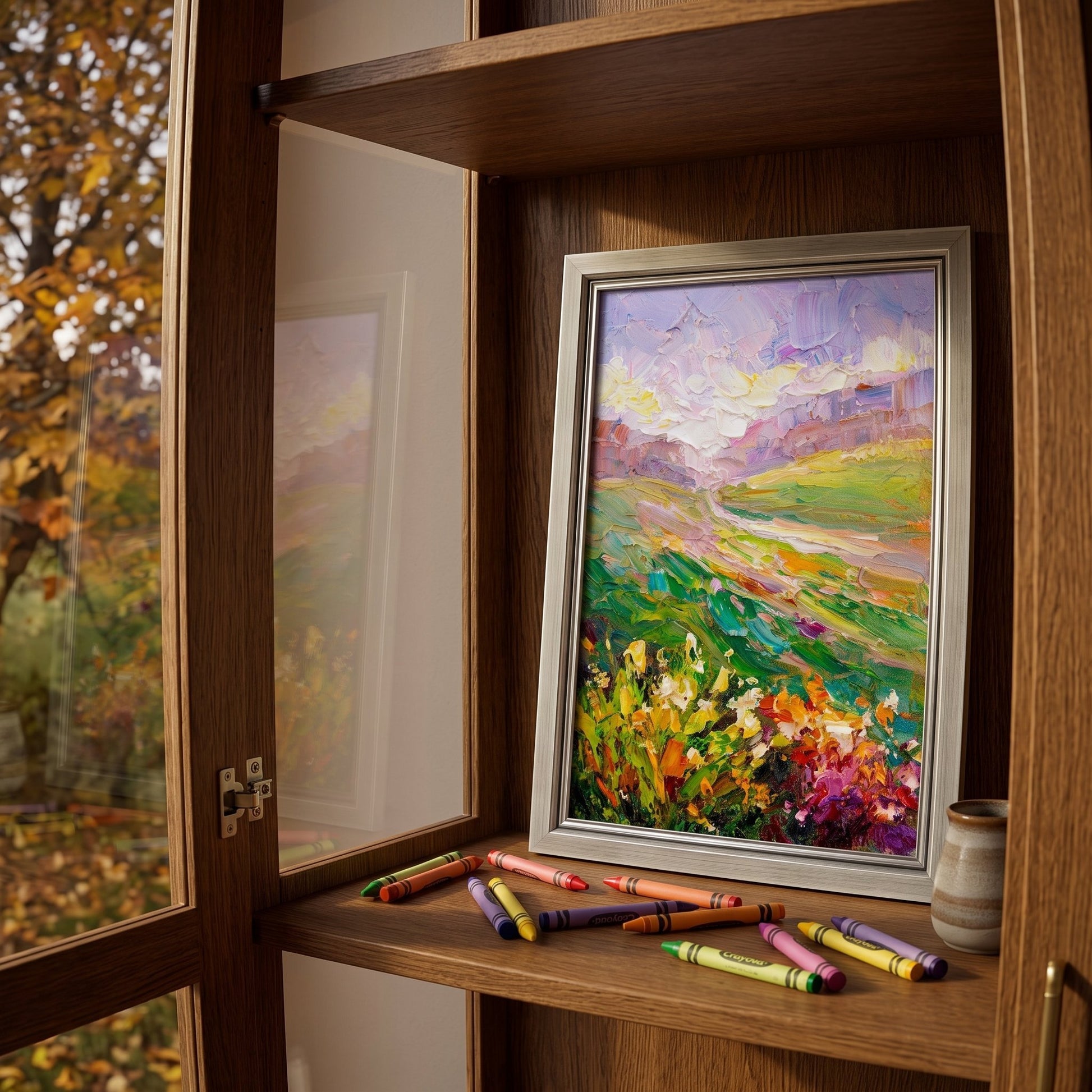 Rustic Farmhouse Study — Vibrant Impressionist landscape elevates warm wood interior with colorful floral energy
