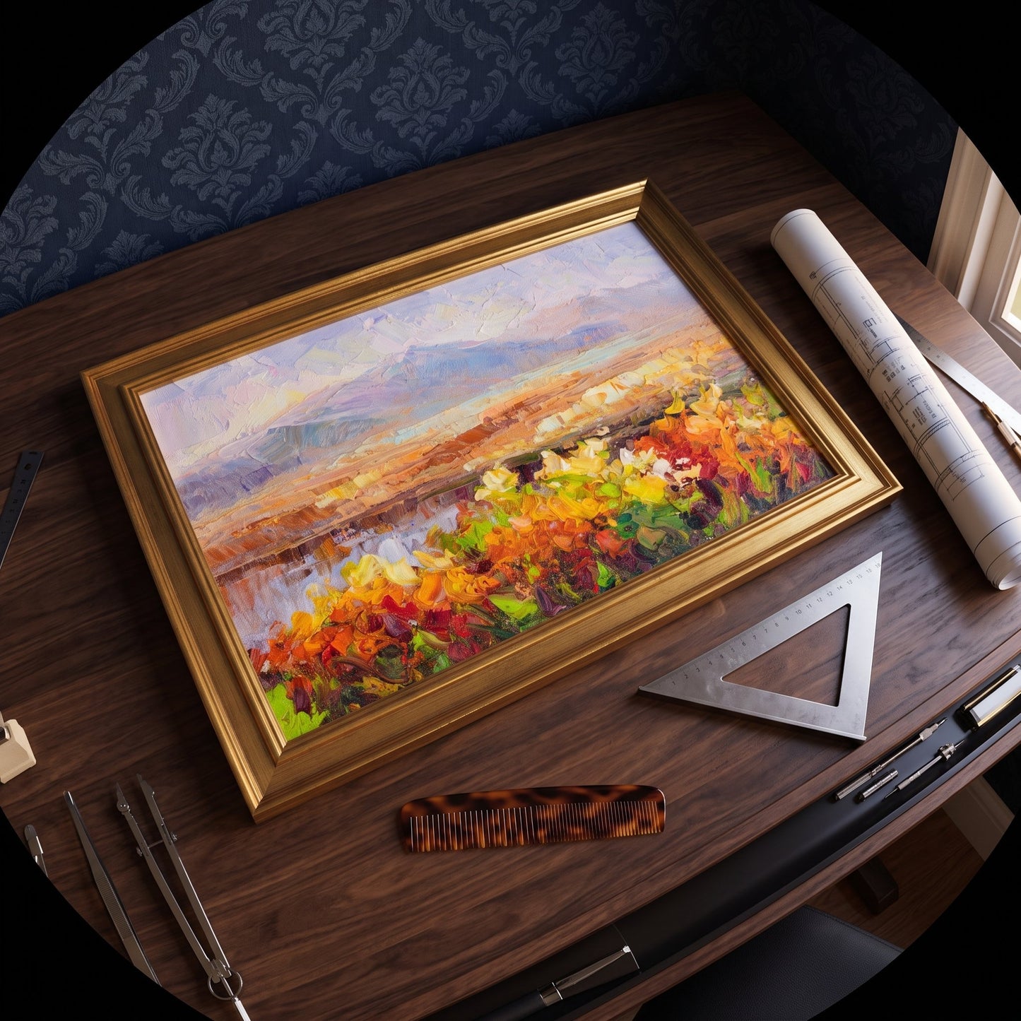 Study, ClassicDecor — Vibrant Impressionist landscape transforms dark wood desk into a creative focal point with warm natural light