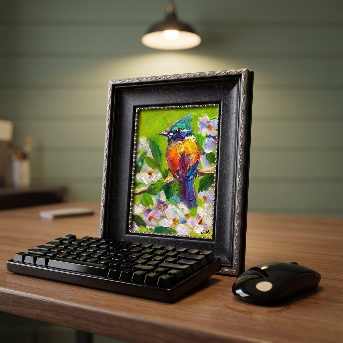Home office, Scandinavian decor — vibrant expressionist bird painting adds color and life to minimalist workspace