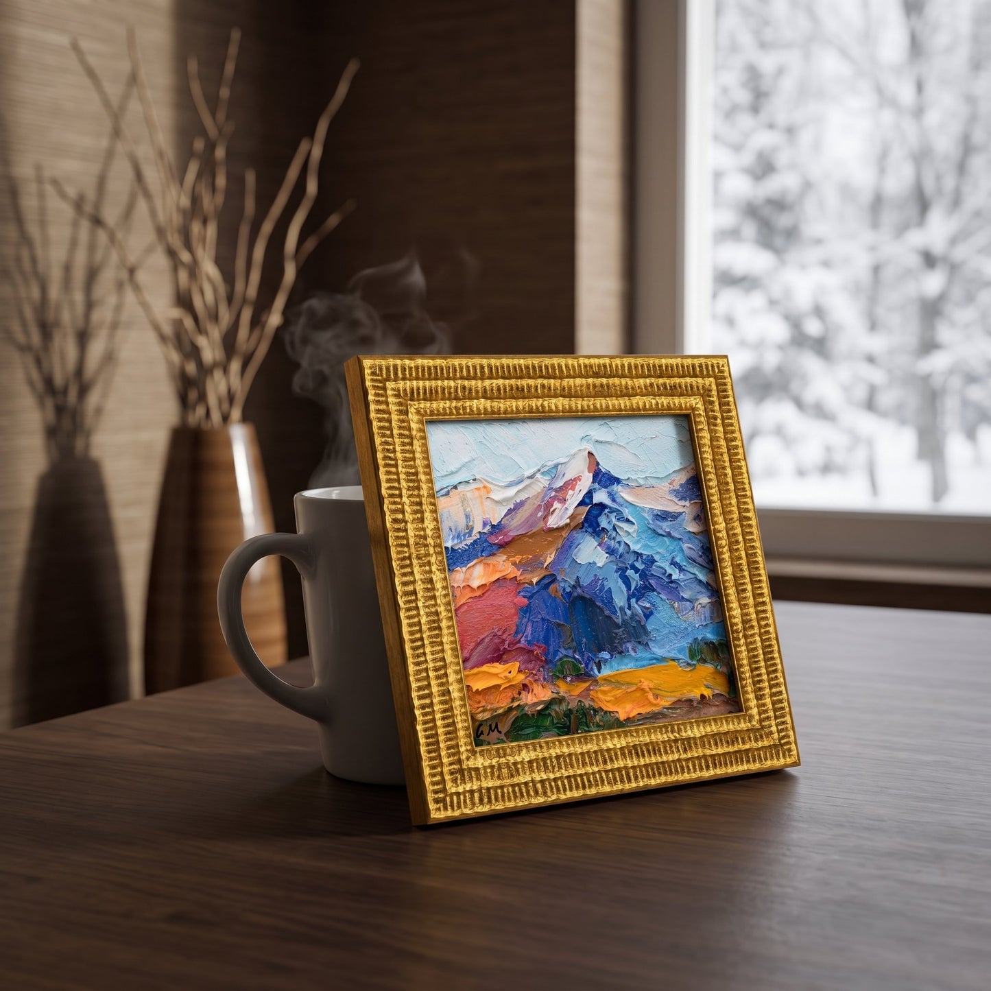 Contemporary living room — vibrant Expressionist landscape painting adds color and emotion to a minimalist space