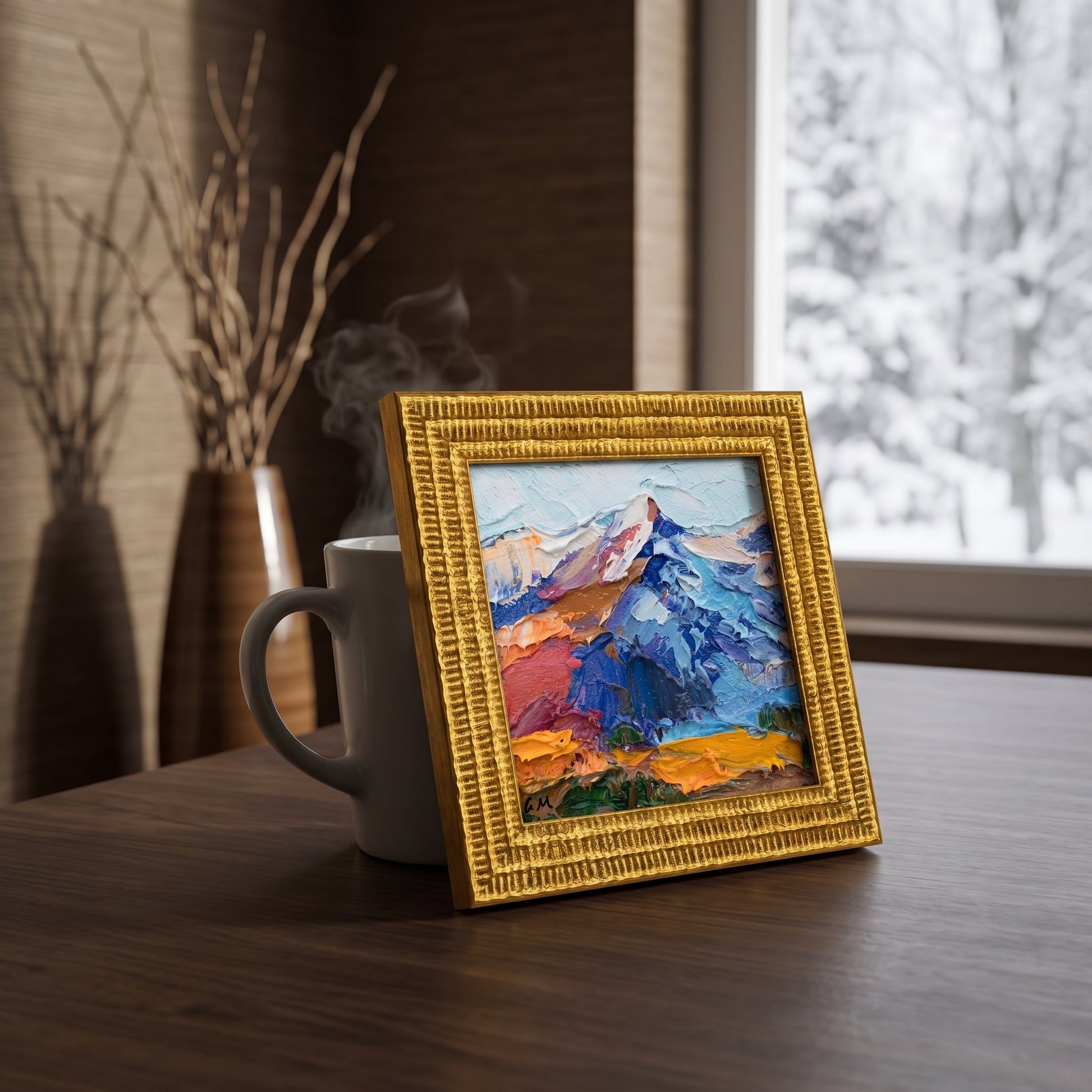 Contemporary living room — vibrant Expressionist landscape painting adds color and emotion to a minimalist space