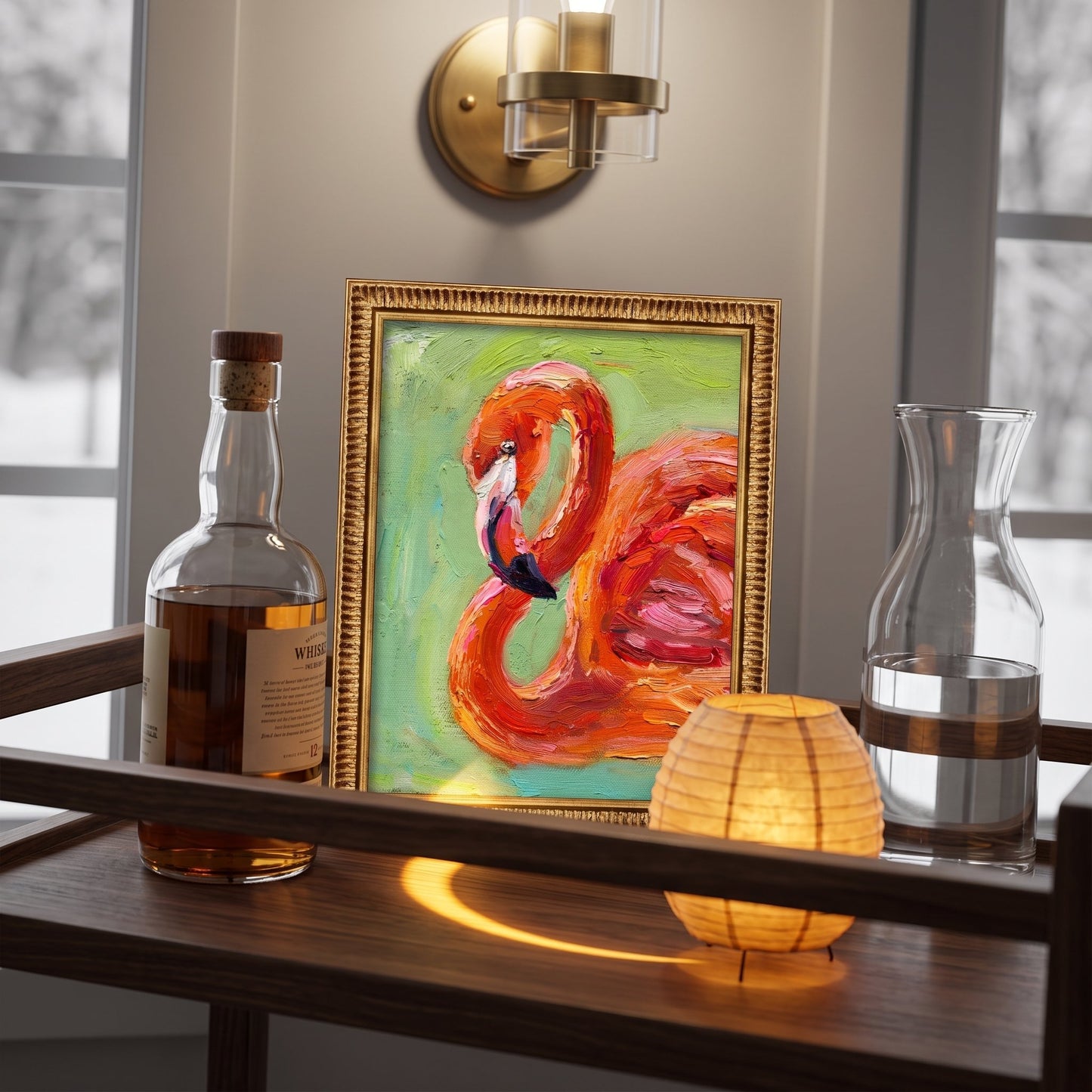 Contemporary entryway — vibrant expressionist flamingo painting adds color and personality to minimalist decor