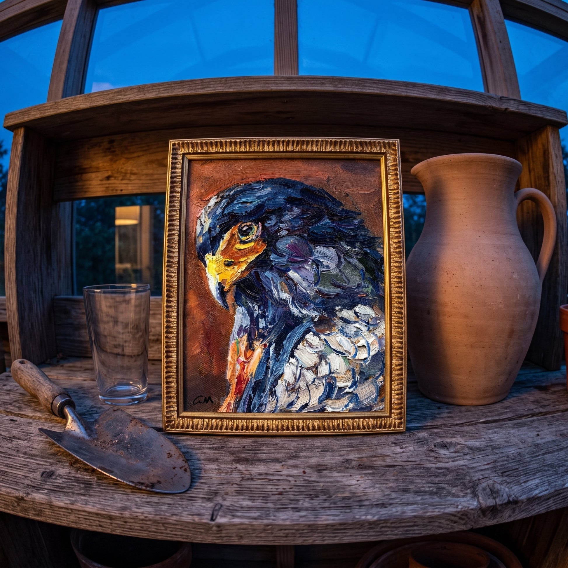 Rustic farmhouse greenhouse — expressive eagle painting adds soulful contrast to natural textures
