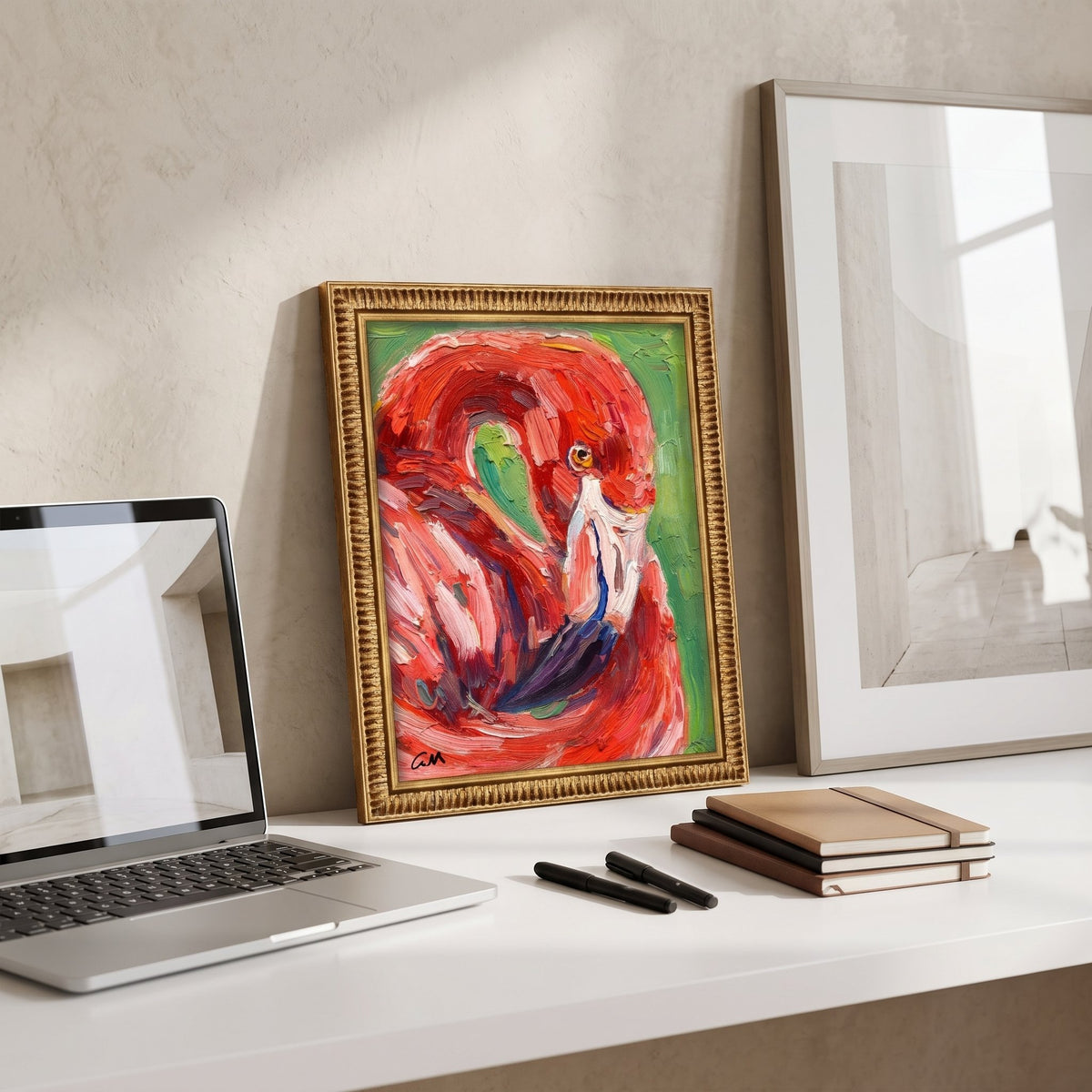 Minimalist home office — Vibrant expressionist flamingo painting adds bold color and artistic flair to a serene workspace