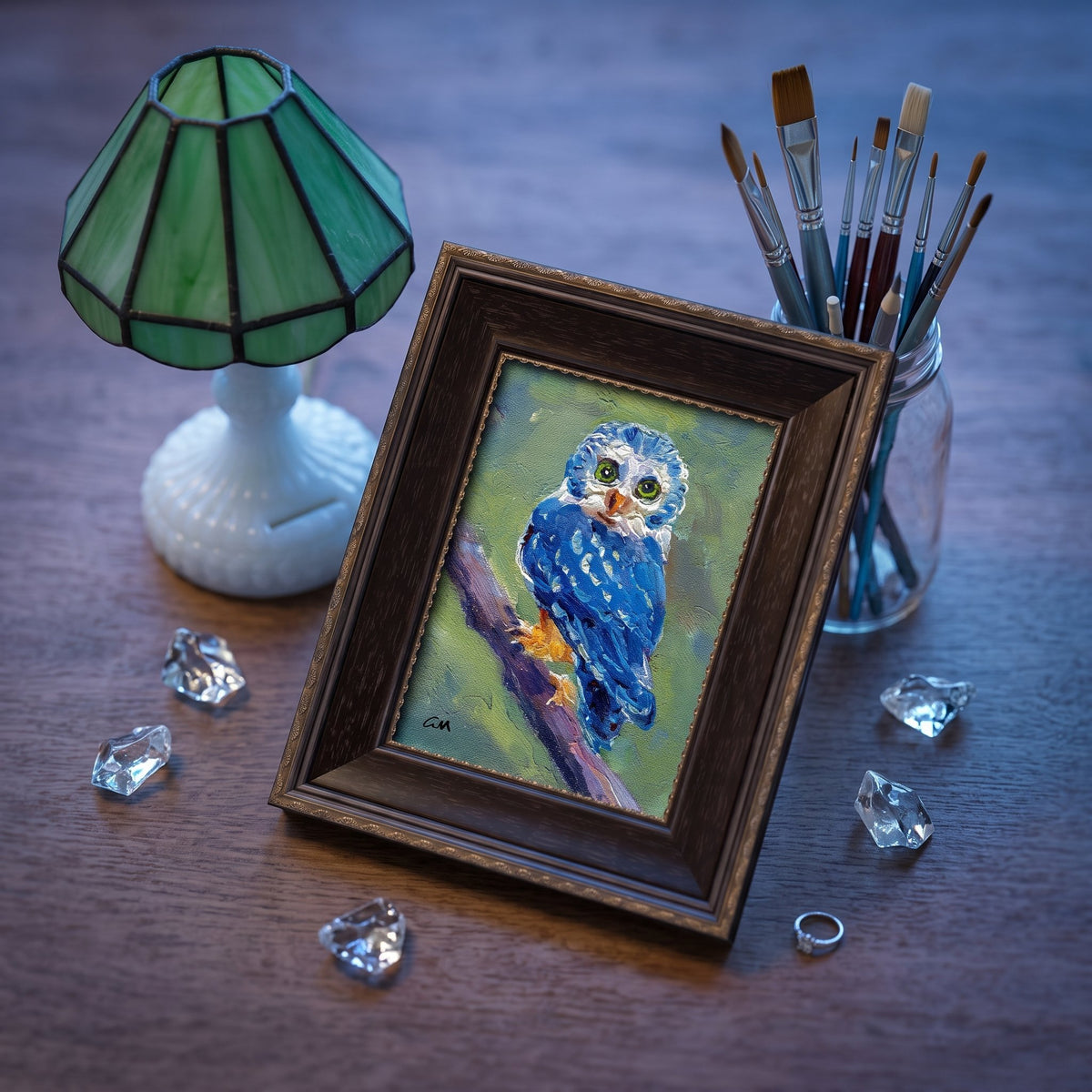 RusticFarmhouseStudy — Original expressionist owl painting adds vibrant color and character as a focal point under soft ambient light