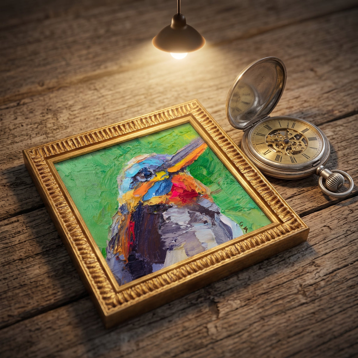 A vivid oil painting of a kingfisher in bold greens, blues, and reds rests on a rustic wooden table beside an open antique pocket watch, illuminated by a soft overhead lamp.