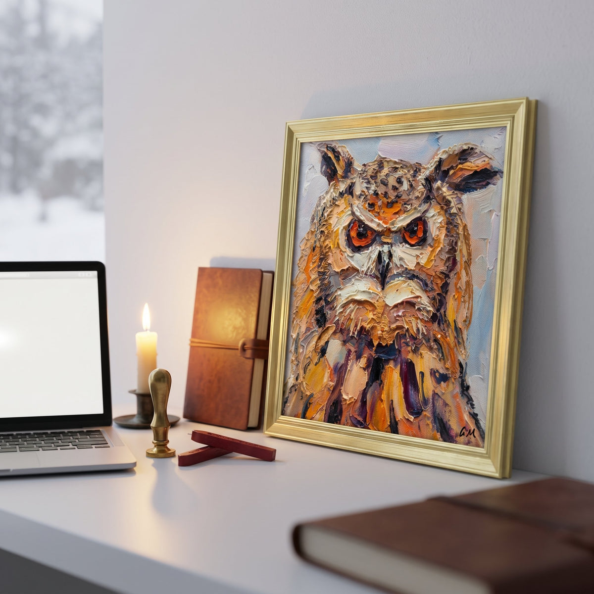 A striking oil painting of an owl with textured brushwork and warm hues rests on a sleek desk beside a glowing candle and leather-bound journal, framed in gold.