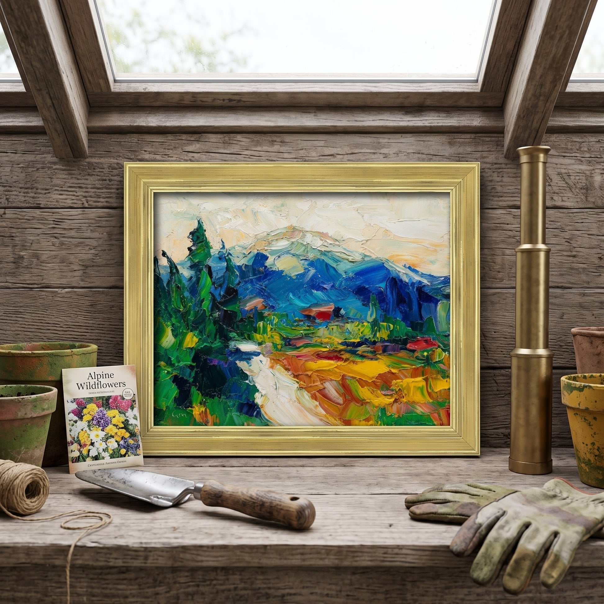 Rustic Farmhouse Sunroom — Vibrant expressionist landscape painting transforms the space with bold colors and natural energy