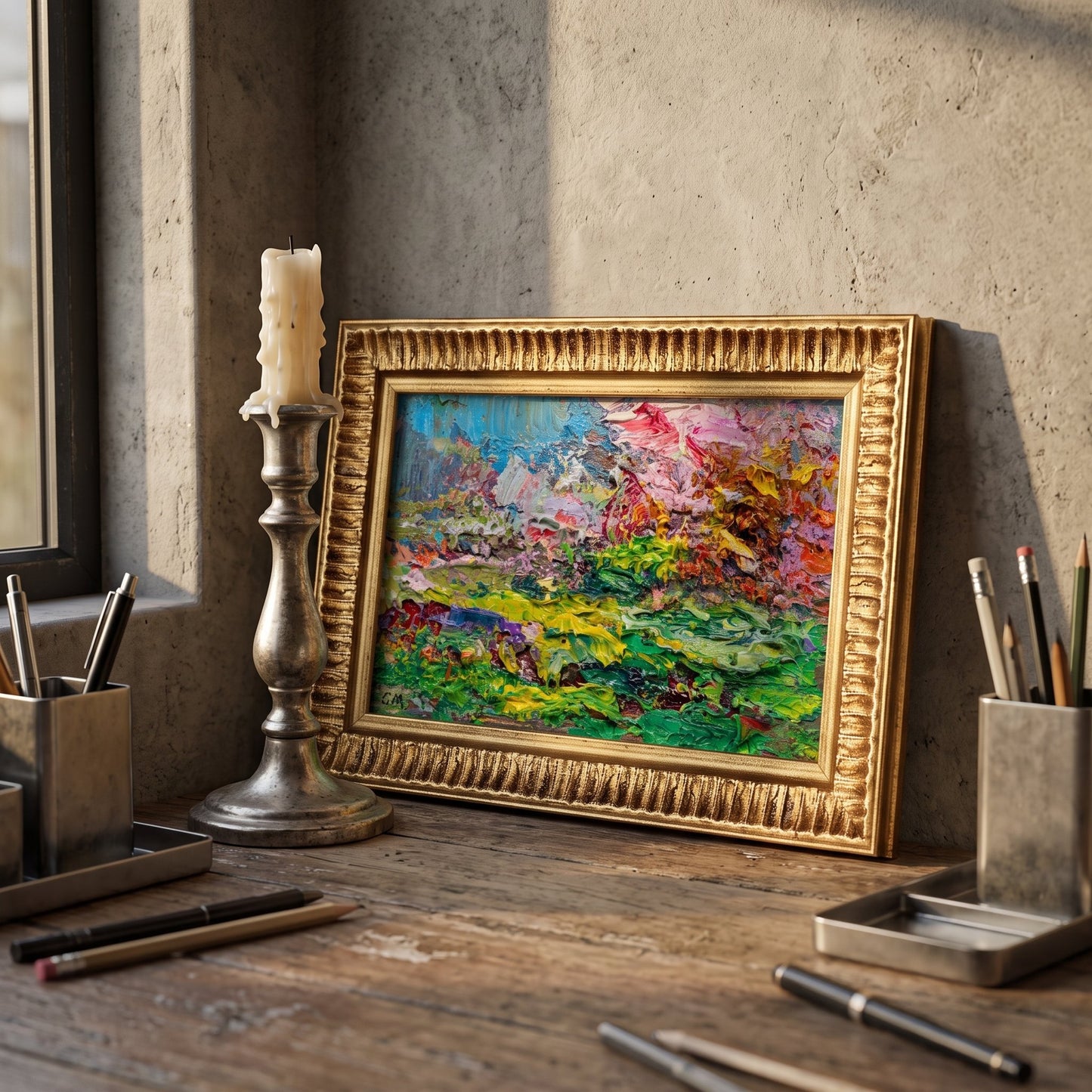 Rustic Farmhouse Study — Vibrant expressionist landscape painting energizes the space with bold colors and texture under natural light