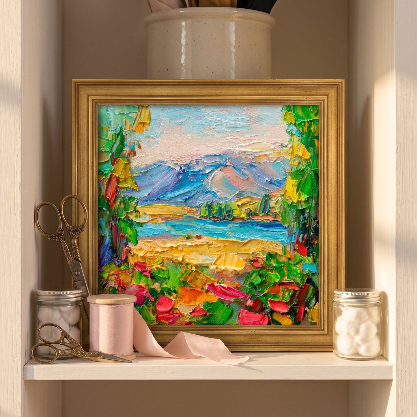 Contemporary home office nook — vibrant Impressionist landscape painting adds color and texture to a minimalist workspace
