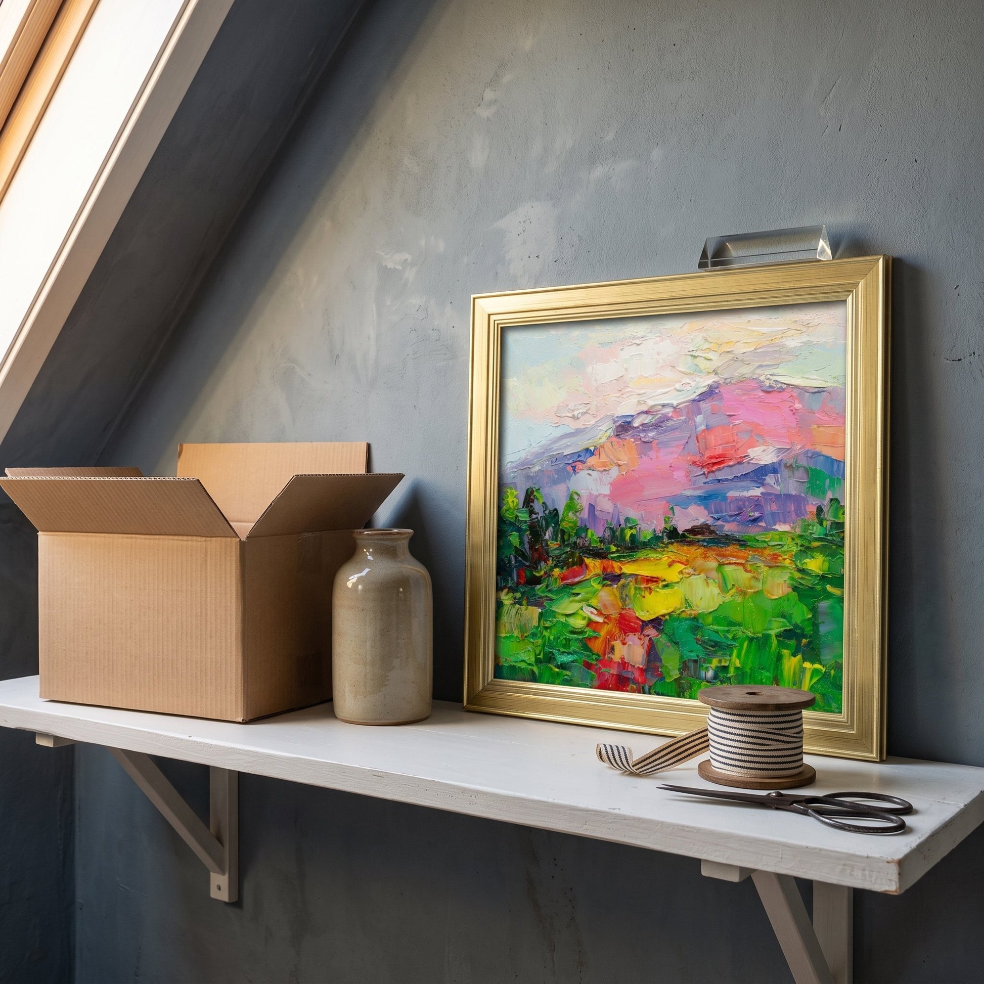 Attic workspace, industrial loft — vibrant Impressionist landscape adds color and life to minimalist space