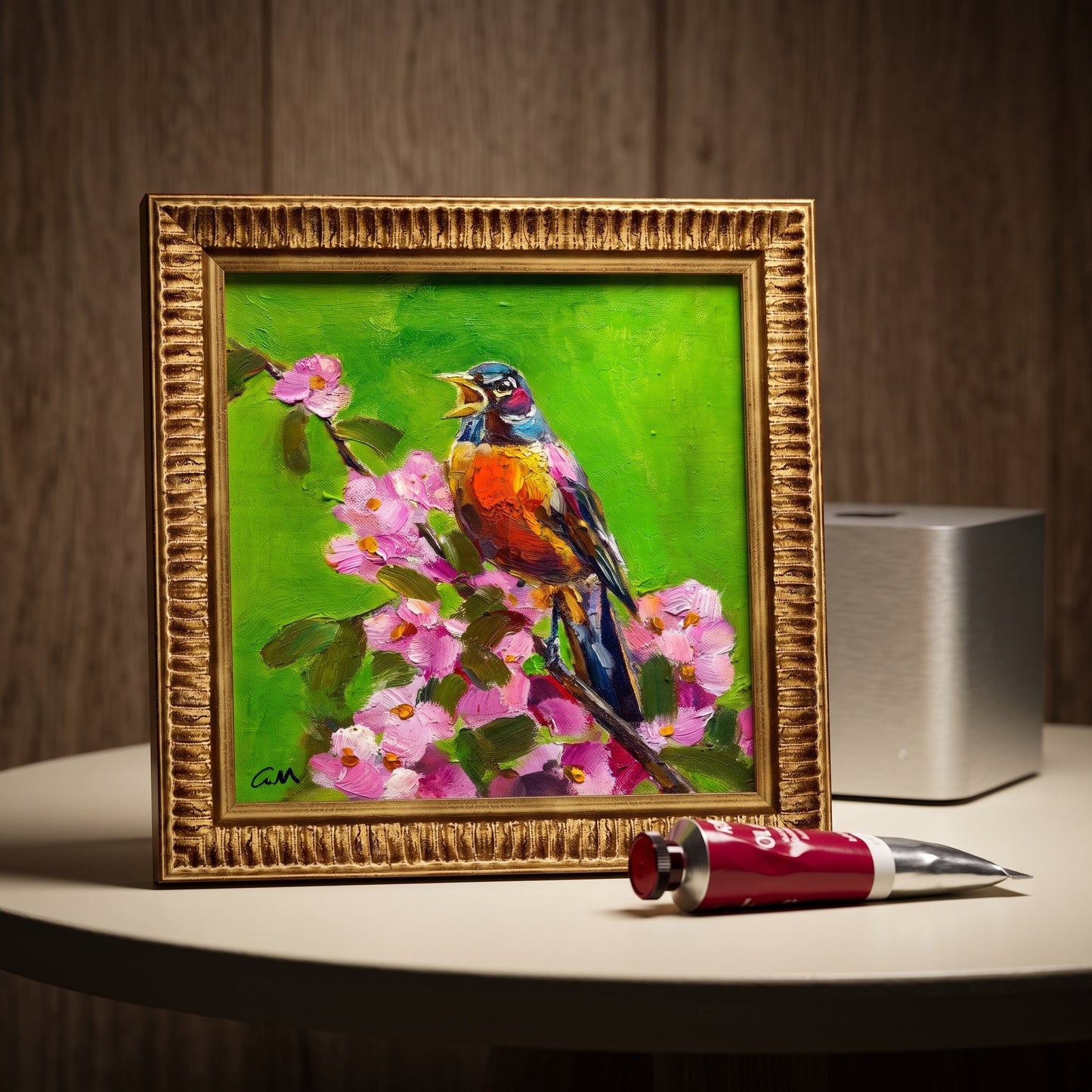 Contemporary living room — vibrant Impressionist bird painting adds color and life to minimalist decor