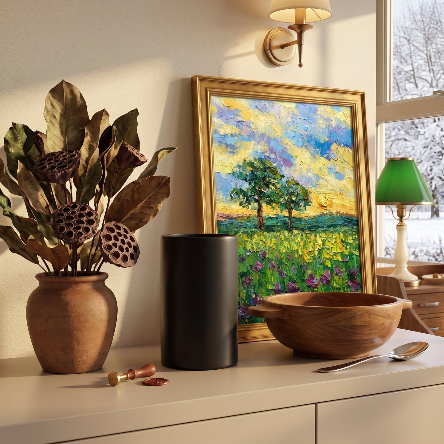 Contemporary entryway — Impressionist landscape painting adds vibrant color and texture as a warm focal point