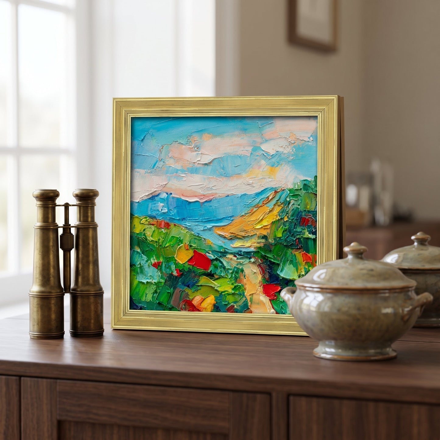 Rustic Farmhouse Entryway — Vibrant Impressionist Landscape Art Adds Colorful Charm to Warm Wood Console