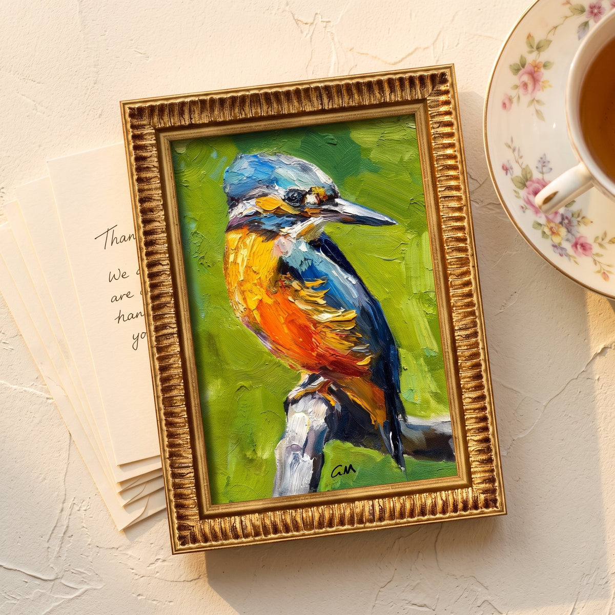 Vintage living room — vibrant Impressionist kingfisher painting adds color and life to a serene, floral-accented space