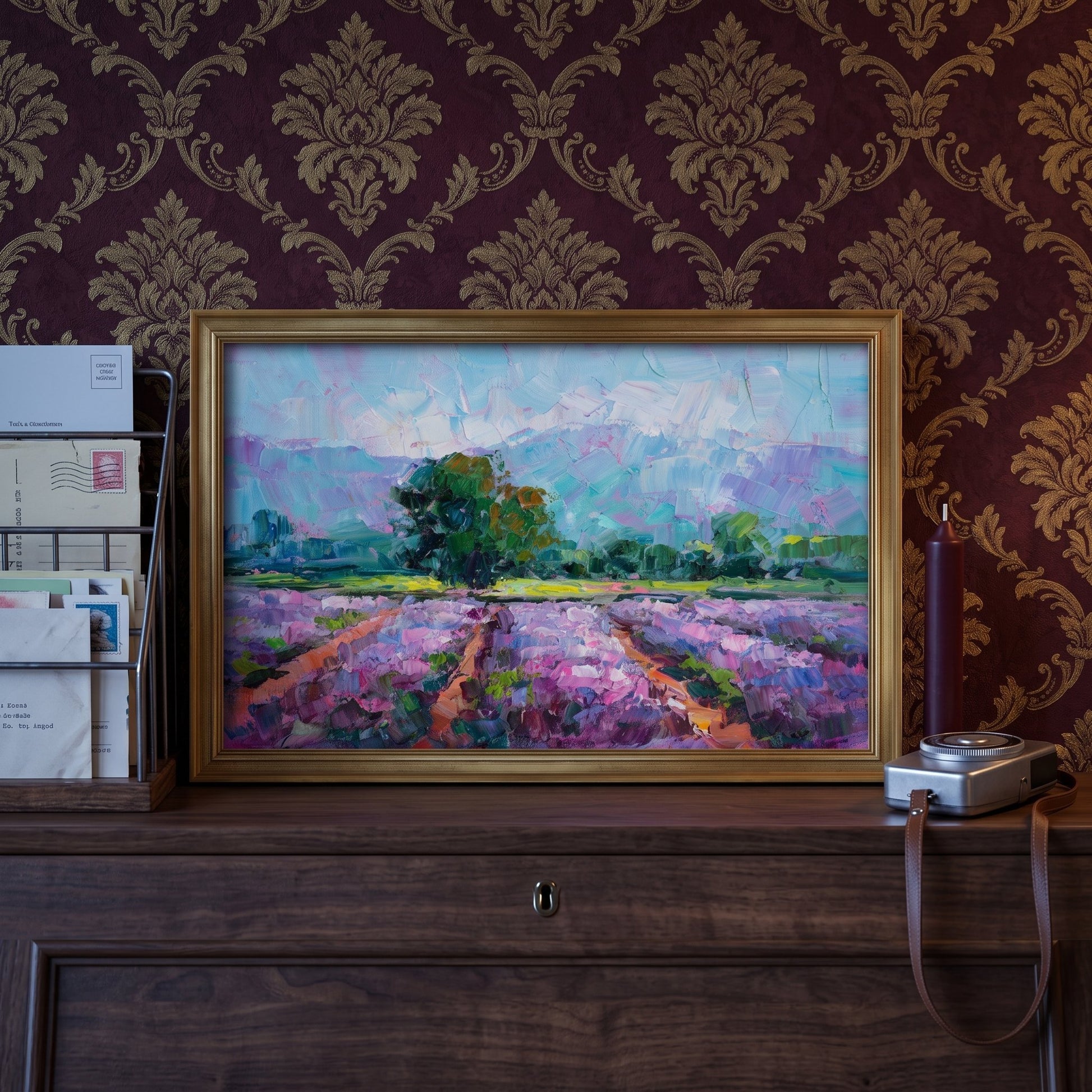 Study, Opulent Decor — Impressionist landscape painting adds vibrant color and emotional depth to a richly patterned space