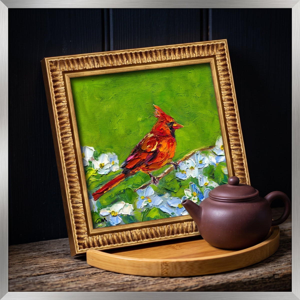 Rustic Farmhouse Entryway — Vibrant Impressionist bird painting adds warmth and nature-inspired elegance to the space