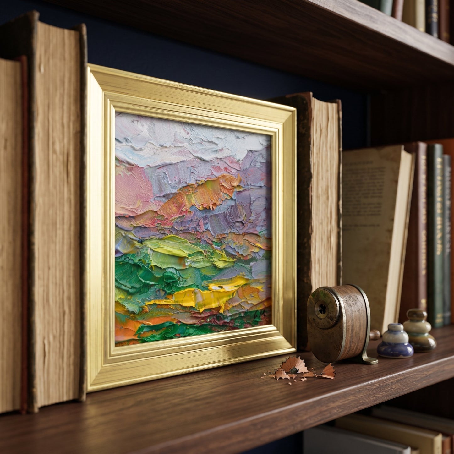 Study, MidCenturyModern — Original Expressionist landscape painting adds vibrant texture and color to a bookshelf display