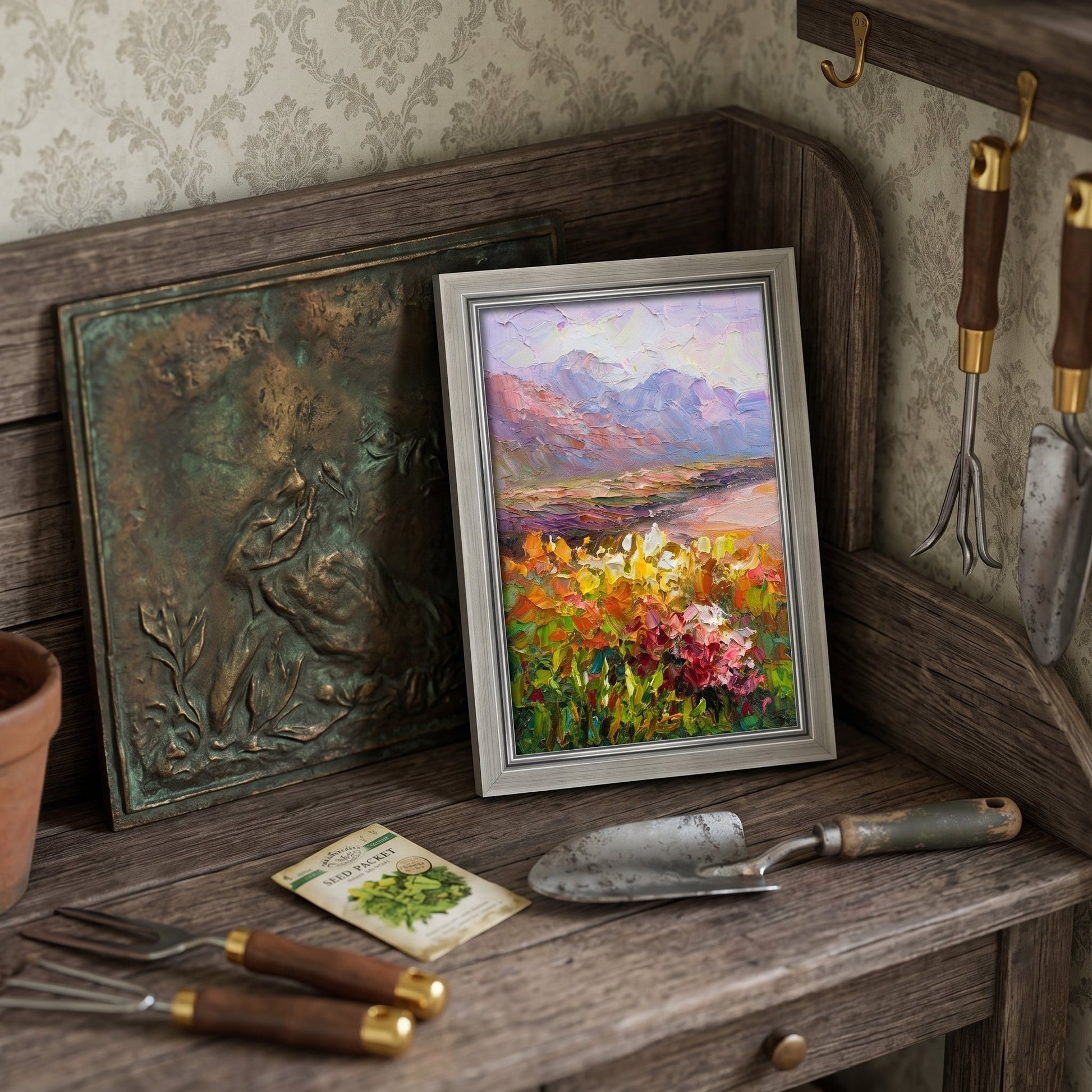 Rustic farmhouse entryway — vibrant Impressionist landscape painting elevates the space with color and nature-inspired charm