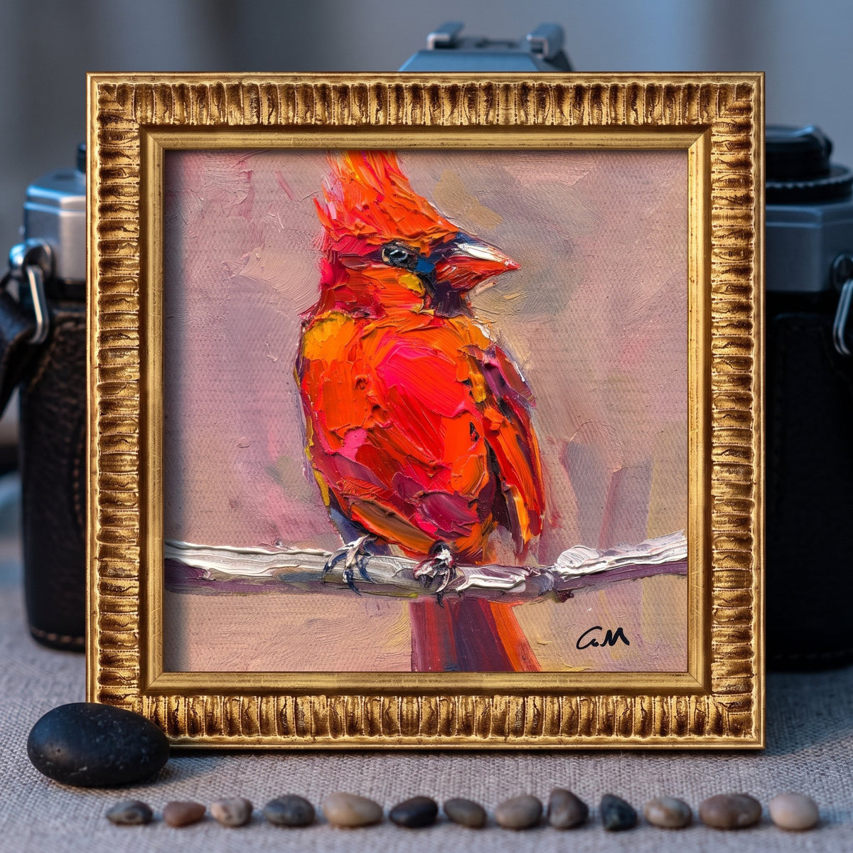 Eclectic study — vibrant expressionist cardinal painting adds warmth and artistic flair to the space
