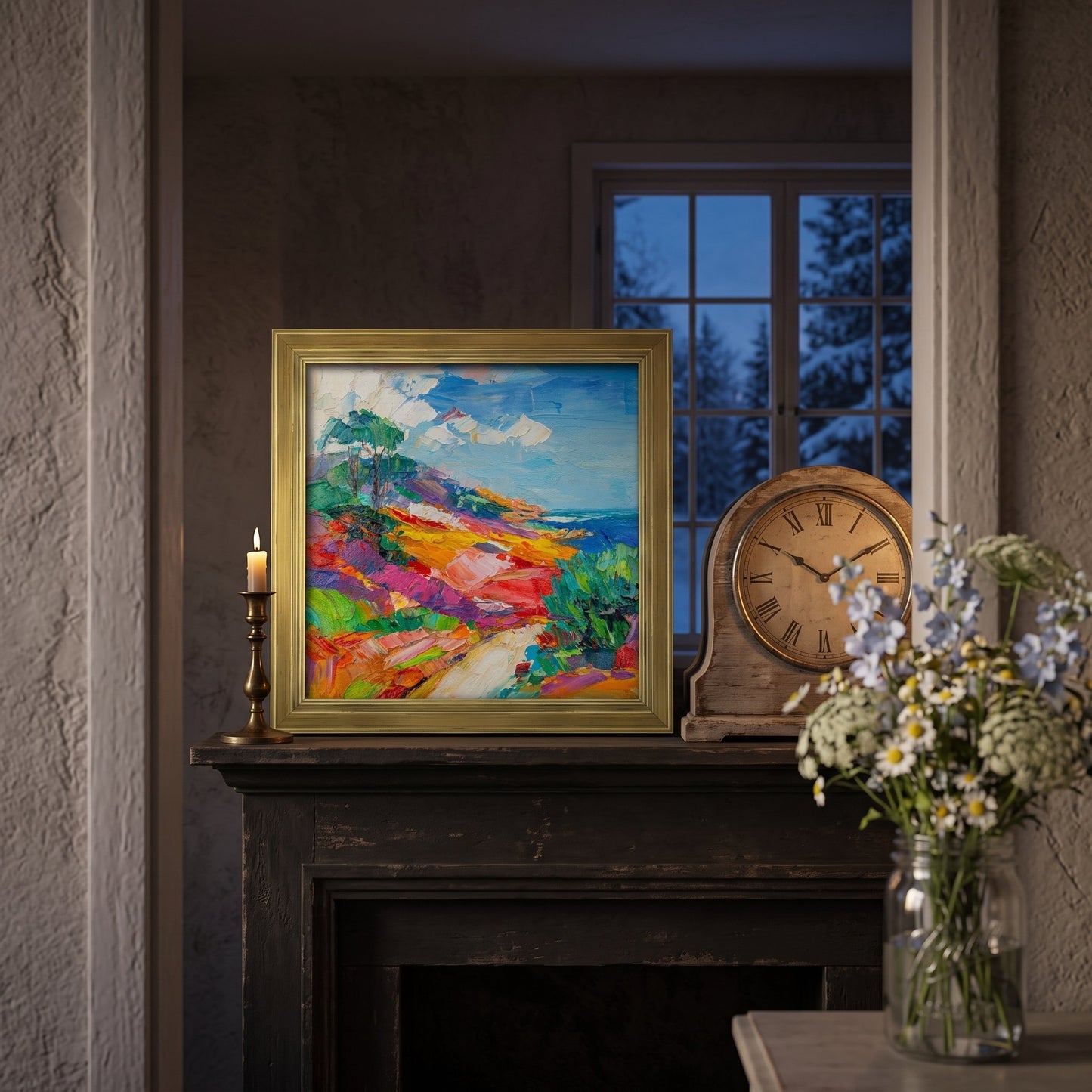 Rustic Farmhouse Living Room — Vibrant Impressionist Landscape Adds Warmth and Color to Cozy Mantle Display