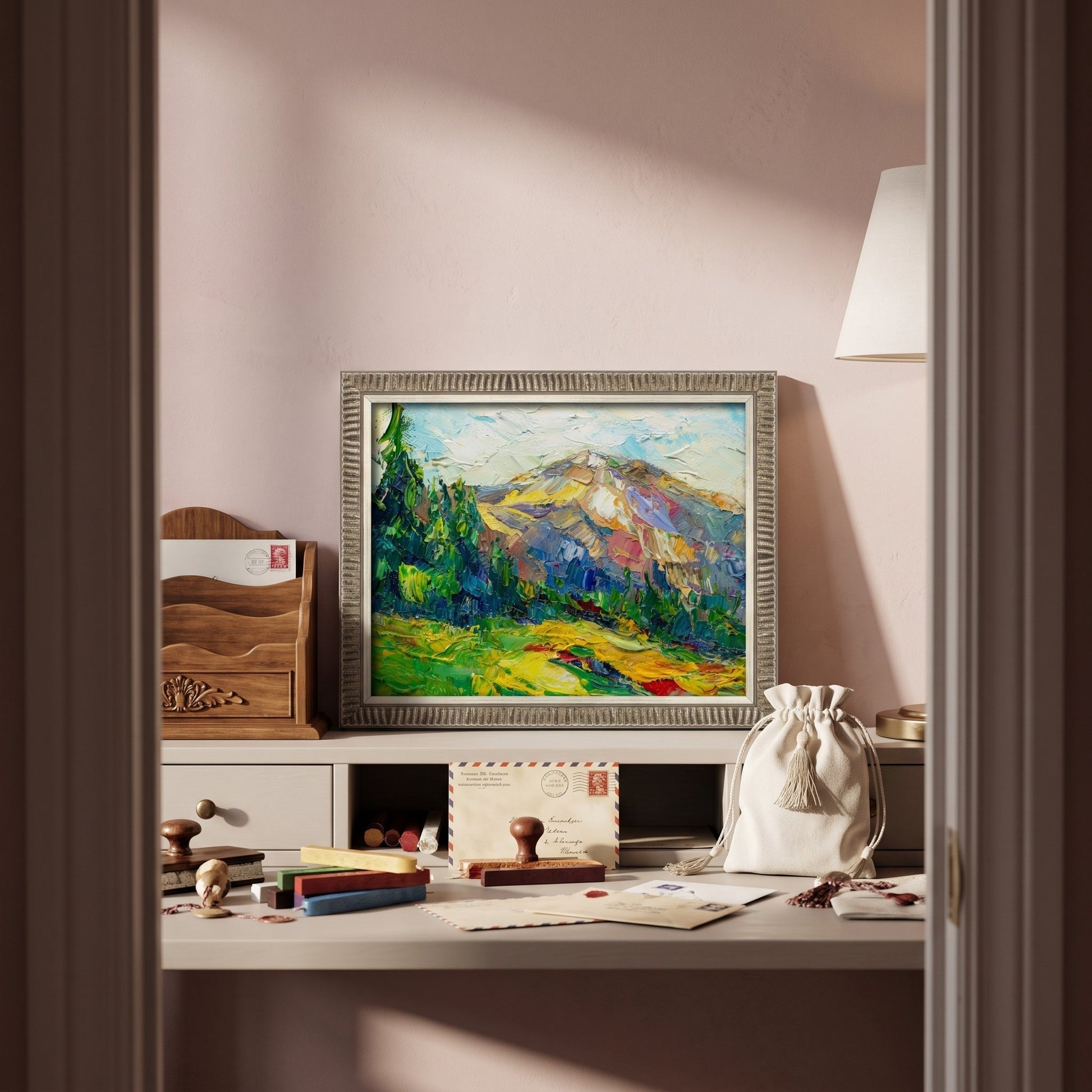 Home office, Scandinavian style — vibrant Impressionist landscape transforms the space with color and natural serenity
