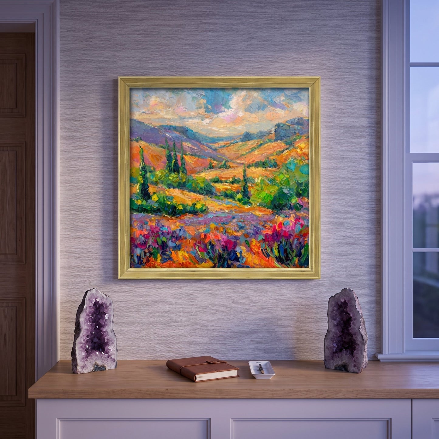 Contemporary entryway — vibrant Impressionist landscape transforms neutral space with bold color and natural serenity