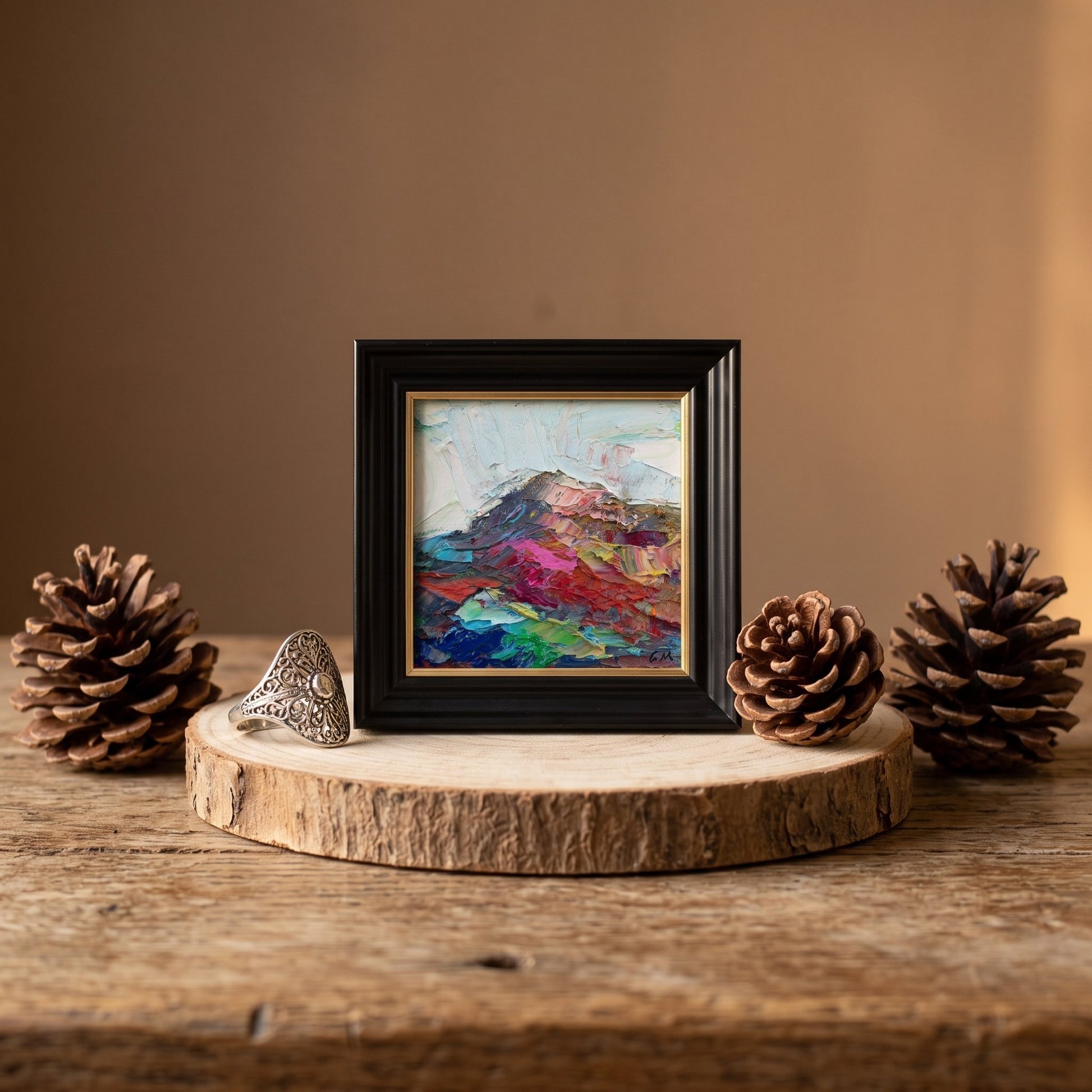 Rustic Farmhouse Entryway — Vibrant Expressionist Landscape Art Transforms Natural Wood Space