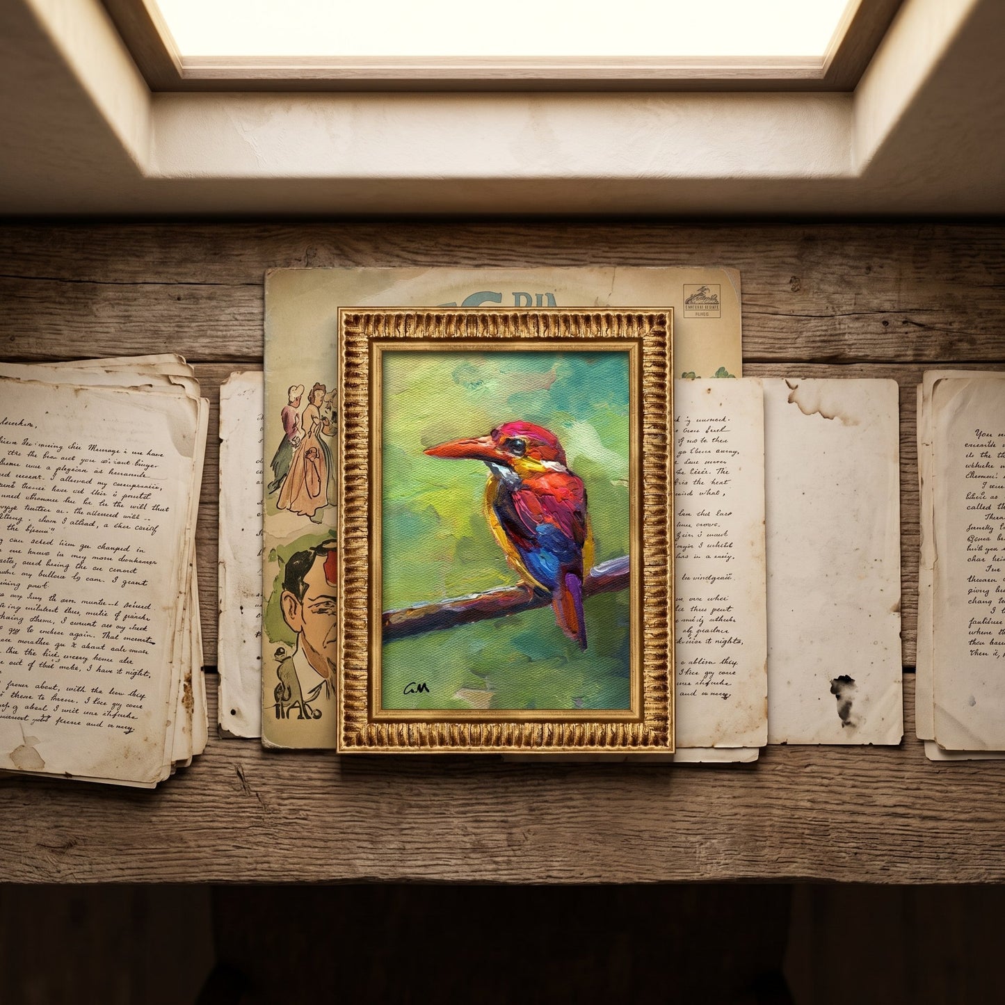 Rustic farmhouse study — vibrant Impressionist kingfisher painting adds color and life to vintage-inspired workspace