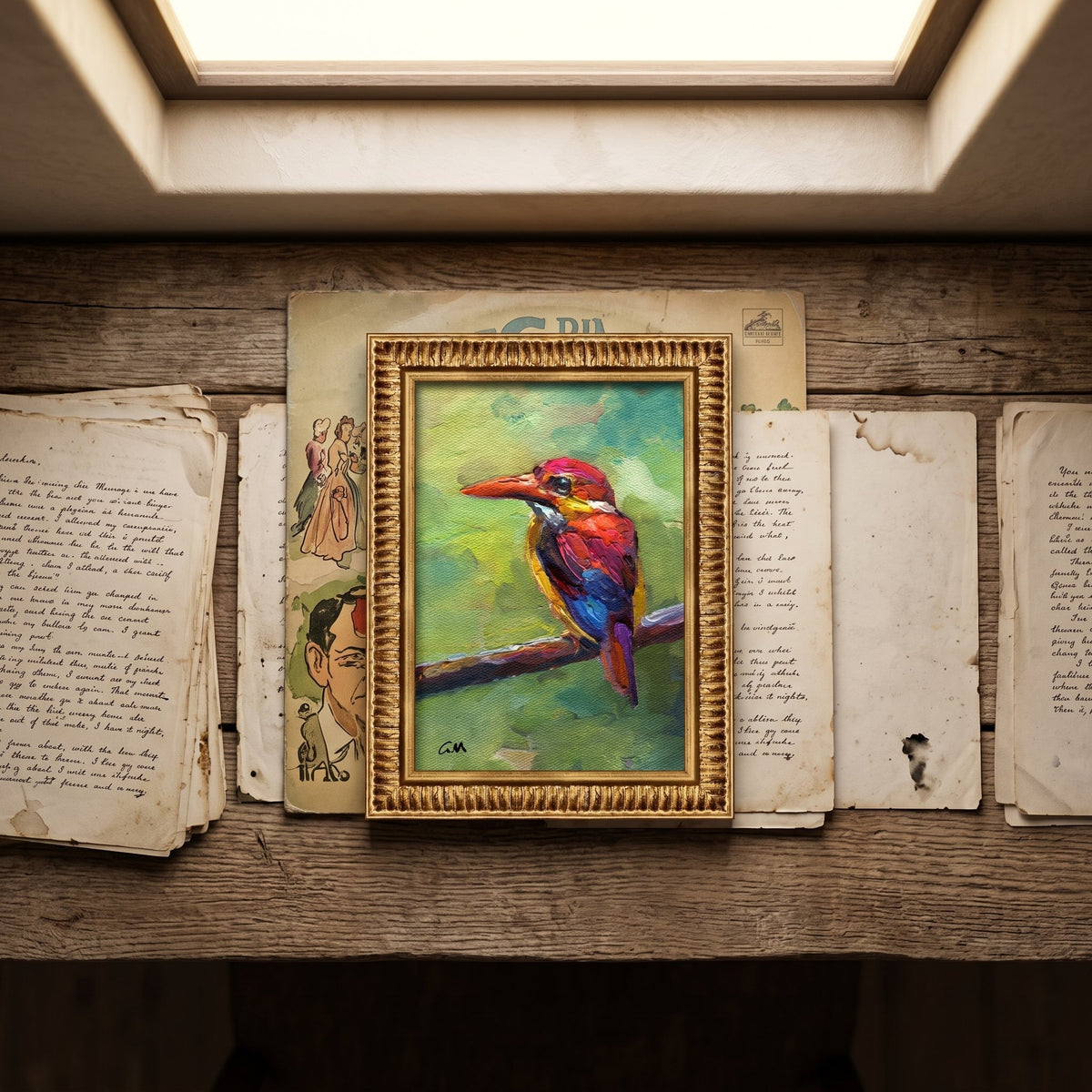 Rustic farmhouse study — vibrant Impressionist kingfisher painting adds color and life to vintage-inspired workspace