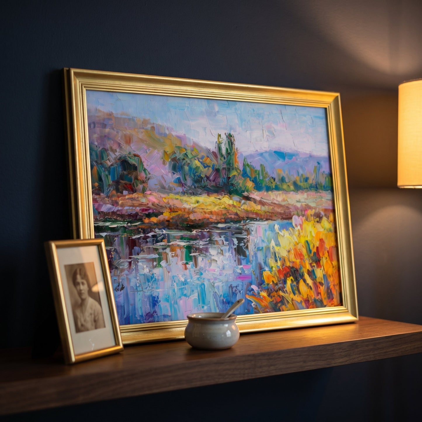 Contemporary living room — vibrant Impressionist landscape transforms dark walls into a warm, inviting focal point