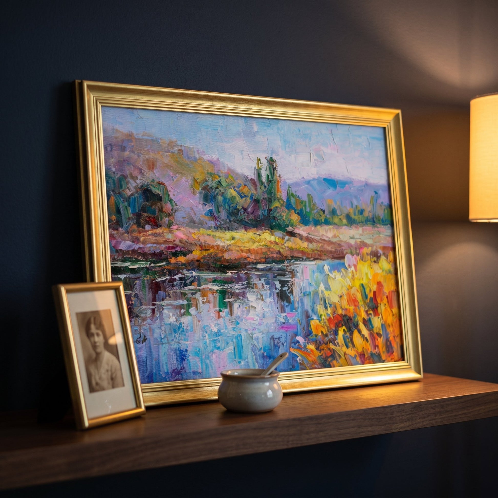Contemporary living room — vibrant Impressionist landscape transforms dark walls into a warm, inviting focal point