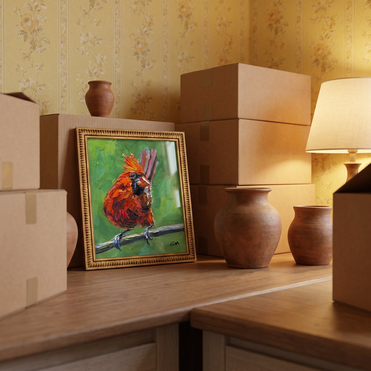 Vintage entryway — expressive cardinal painting adds vibrant life and color to warm, rustic decor