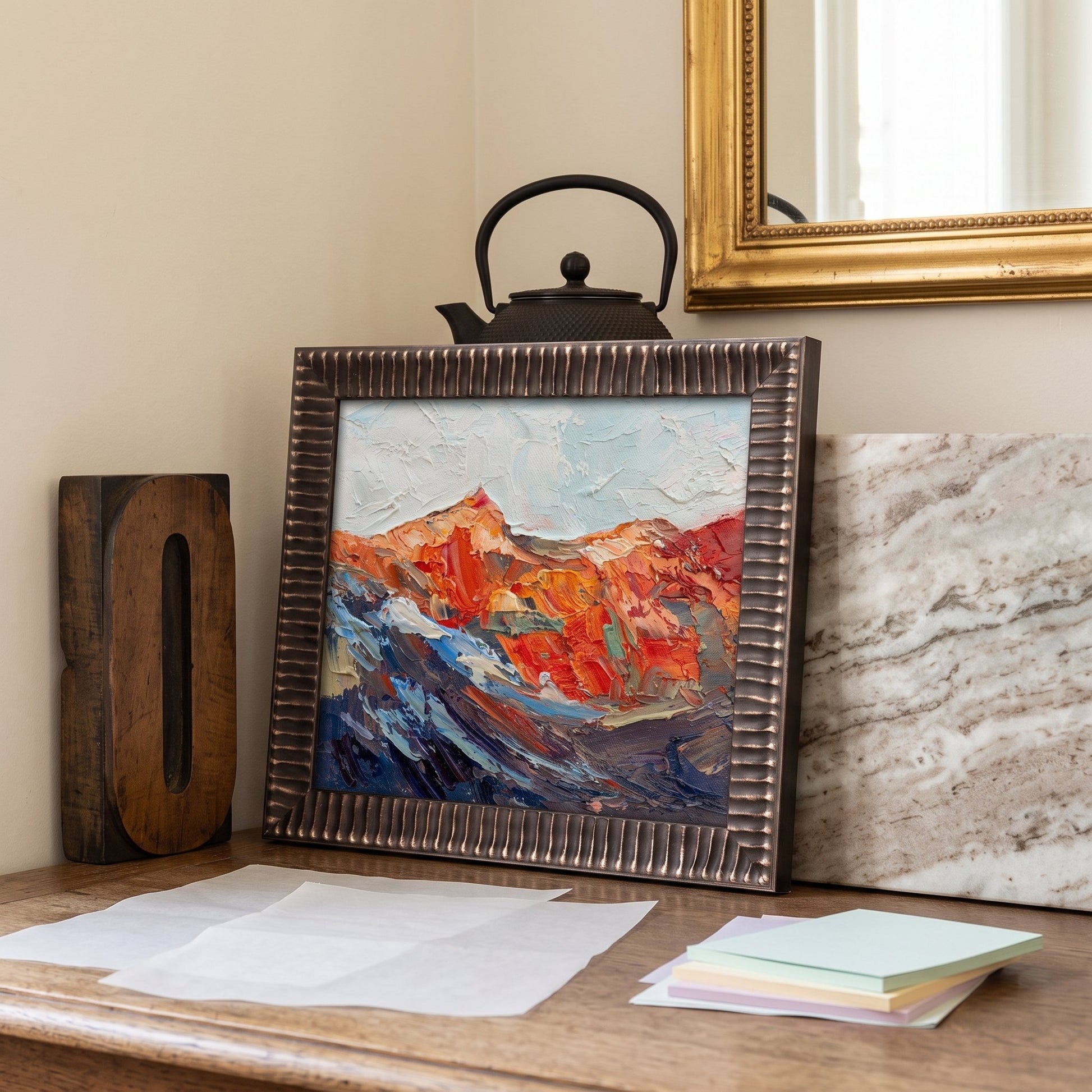 Rustic Farmhouse Entryway — Expressive landscape painting adds vibrant color and texture as a focal point