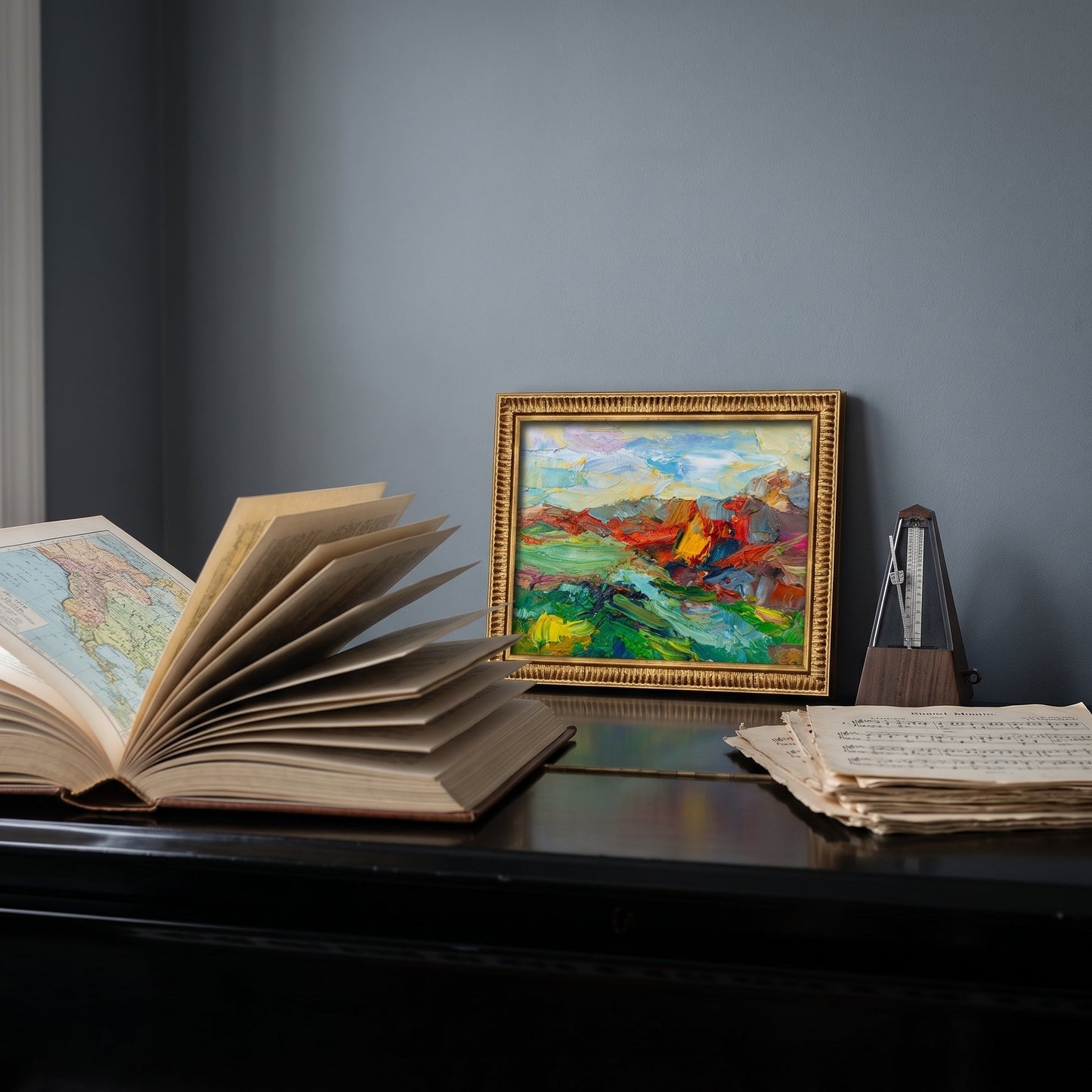 Study, Minimalist — Vibrant expressionist landscape elevates the space with bold color and texture
