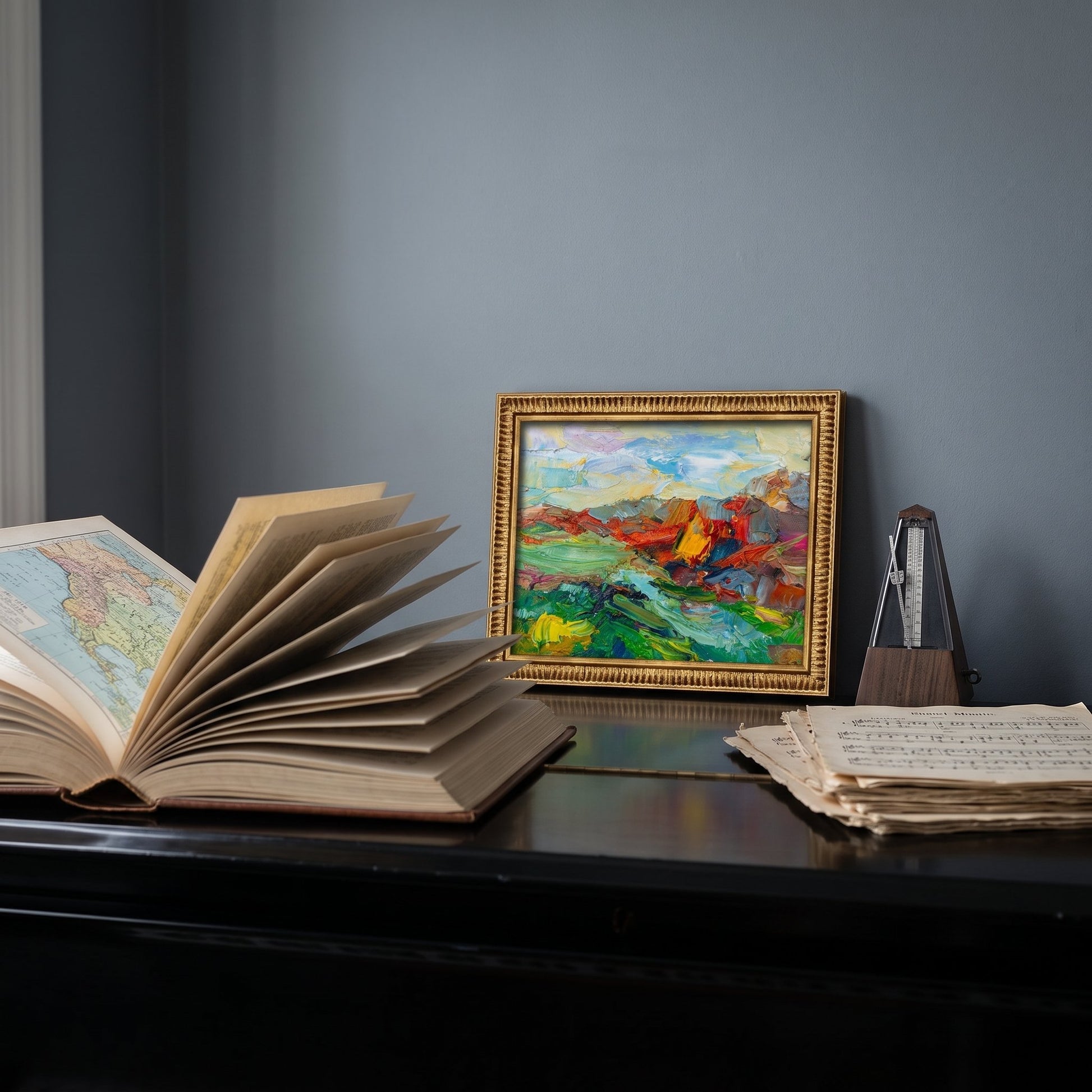 Study, Minimalist — Vibrant expressionist landscape elevates the space with bold color and texture