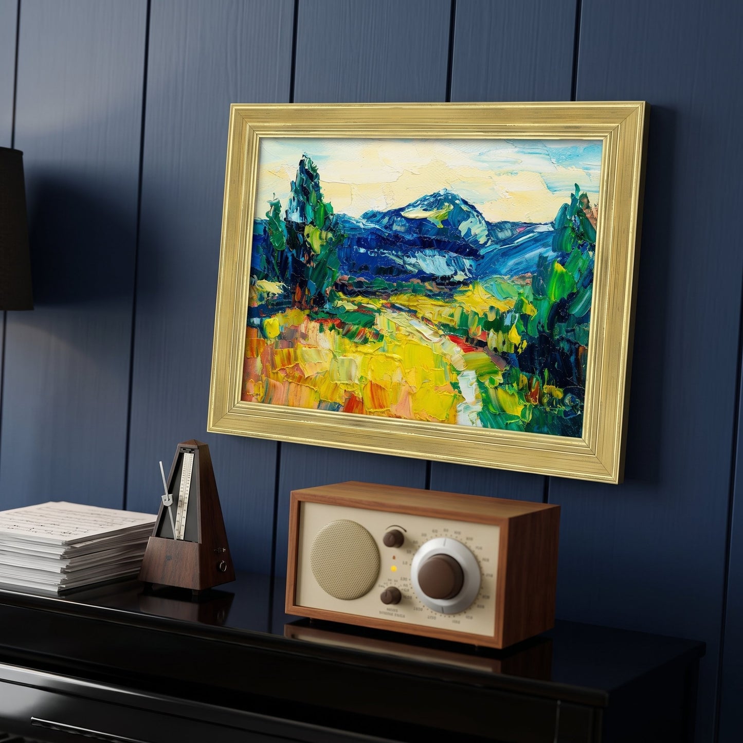 Study, MidCenturyModern — Vibrant expressionist landscape painting adds warmth and artistic flair to a dark-paneled workspace