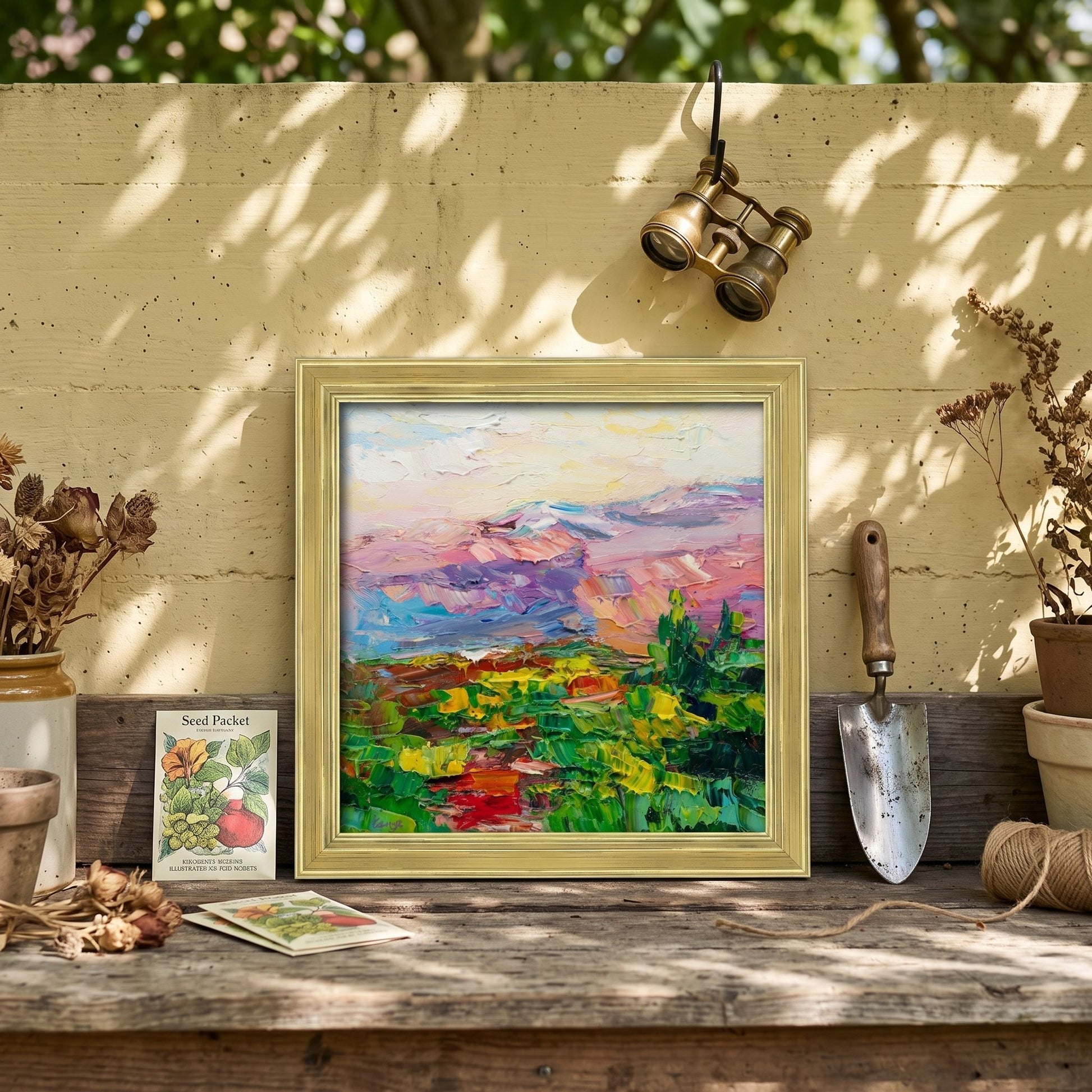Garden nook, rustic outdoor decor — vibrant Impressionist landscape painting elevates the space with bold colors and natural harmony