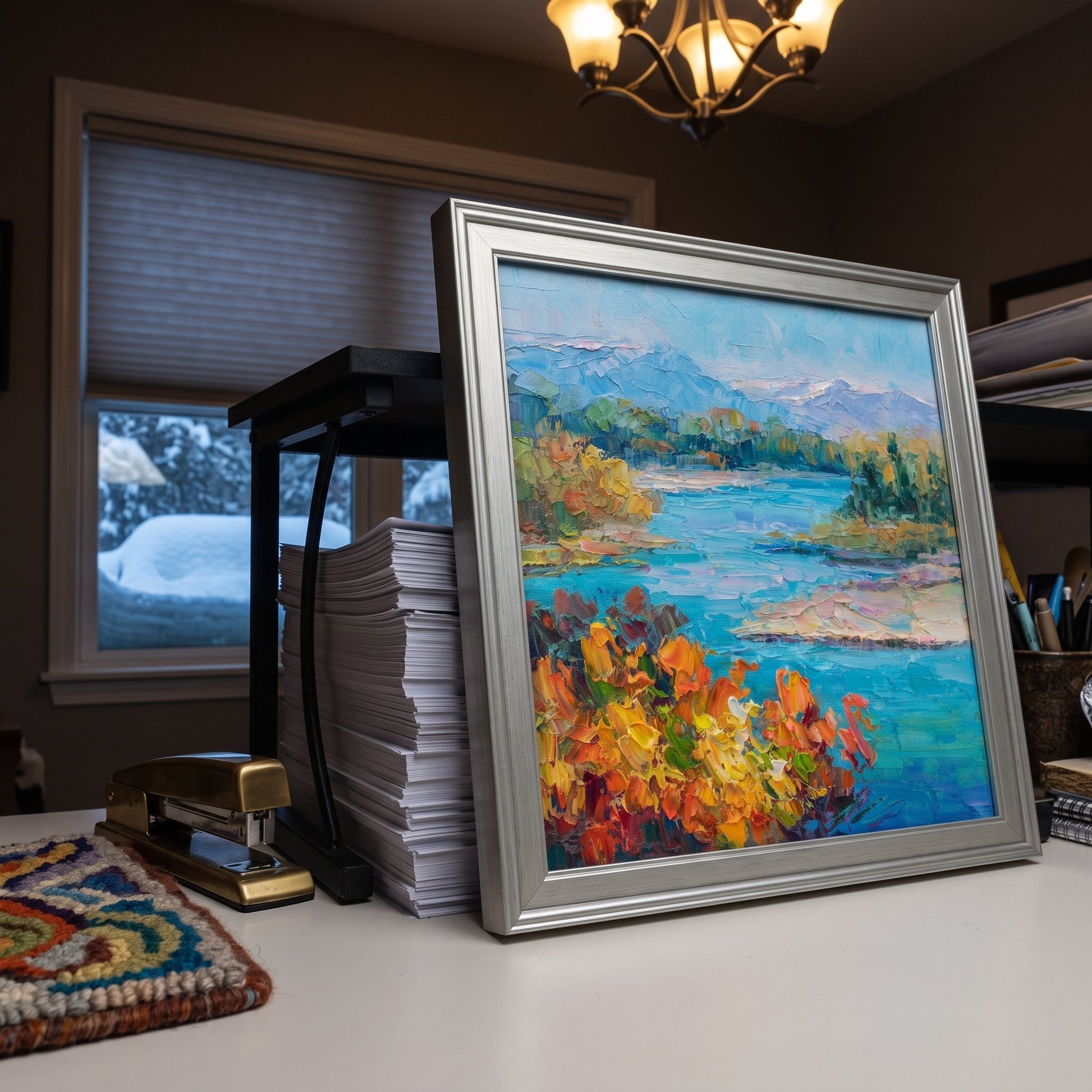 Home office, rustic farmhouse — Impressionist landscape painting adds vibrant color and artistic warmth to the workspace