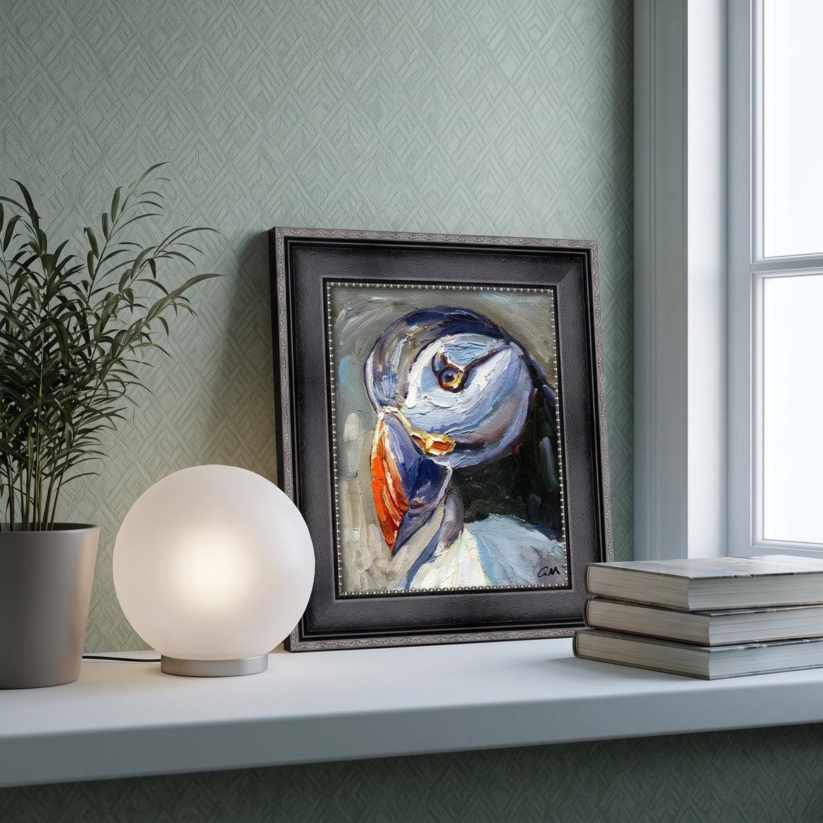 Contemporary bedroom — Expressive puffin painting adds vibrant color and texture to a serene, minimalist space