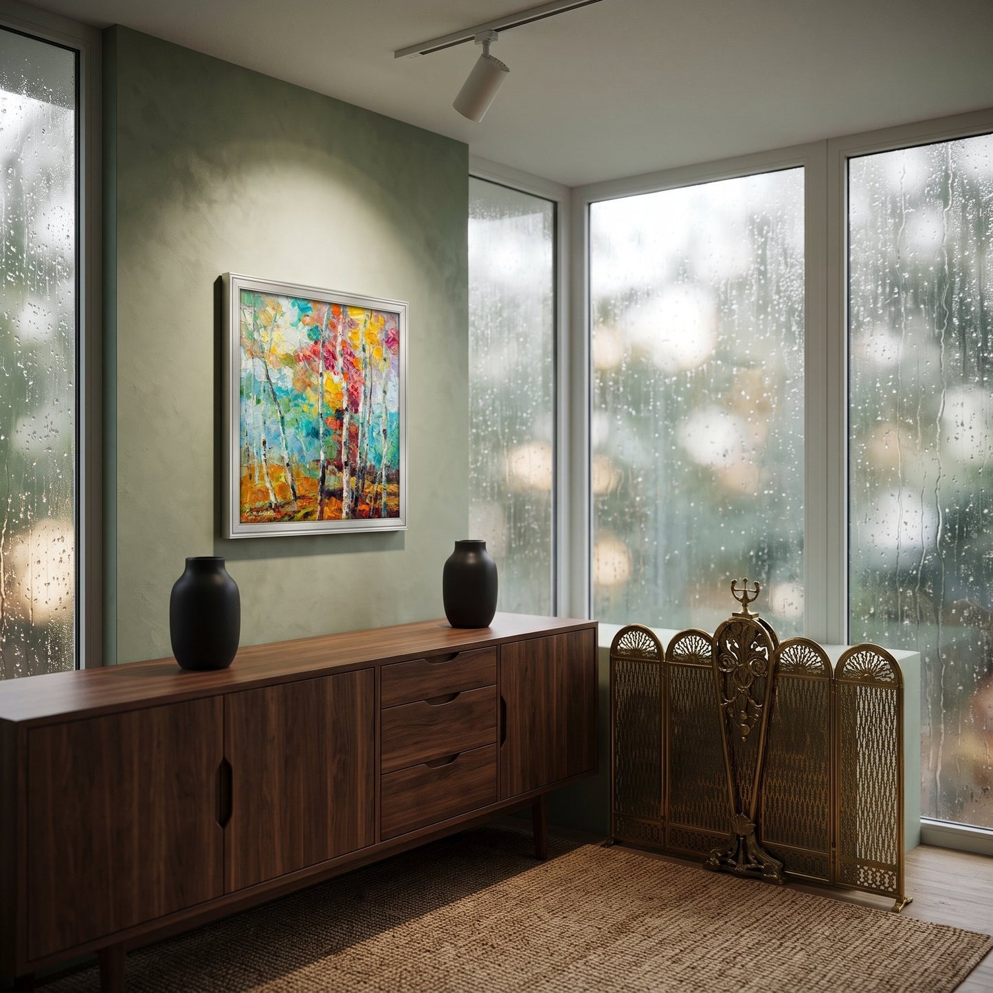 Contemporary living room — vibrant impressionist landscape painting elevates minimalist space with bold color and natural energy