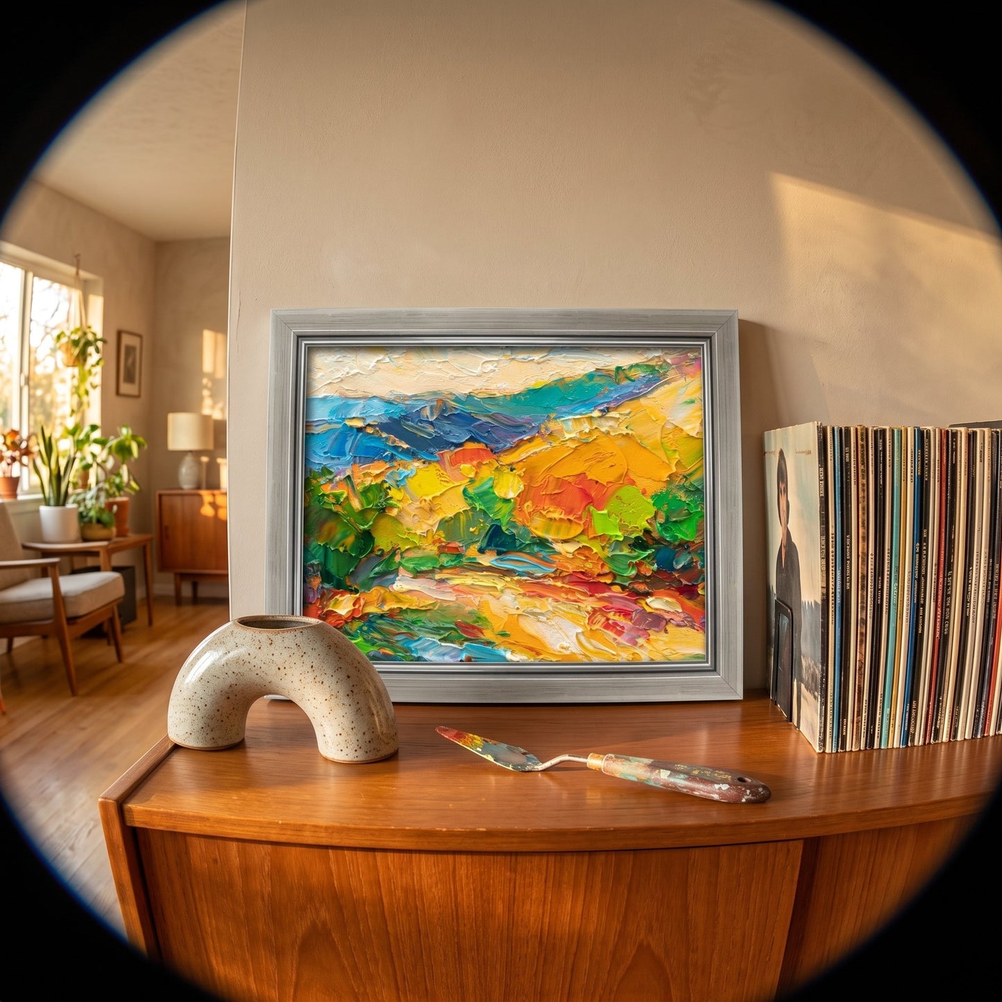Mid-Century Modern Living Room — Vibrant abstract landscape painting elevates the space with bold colors and expressive brushwork