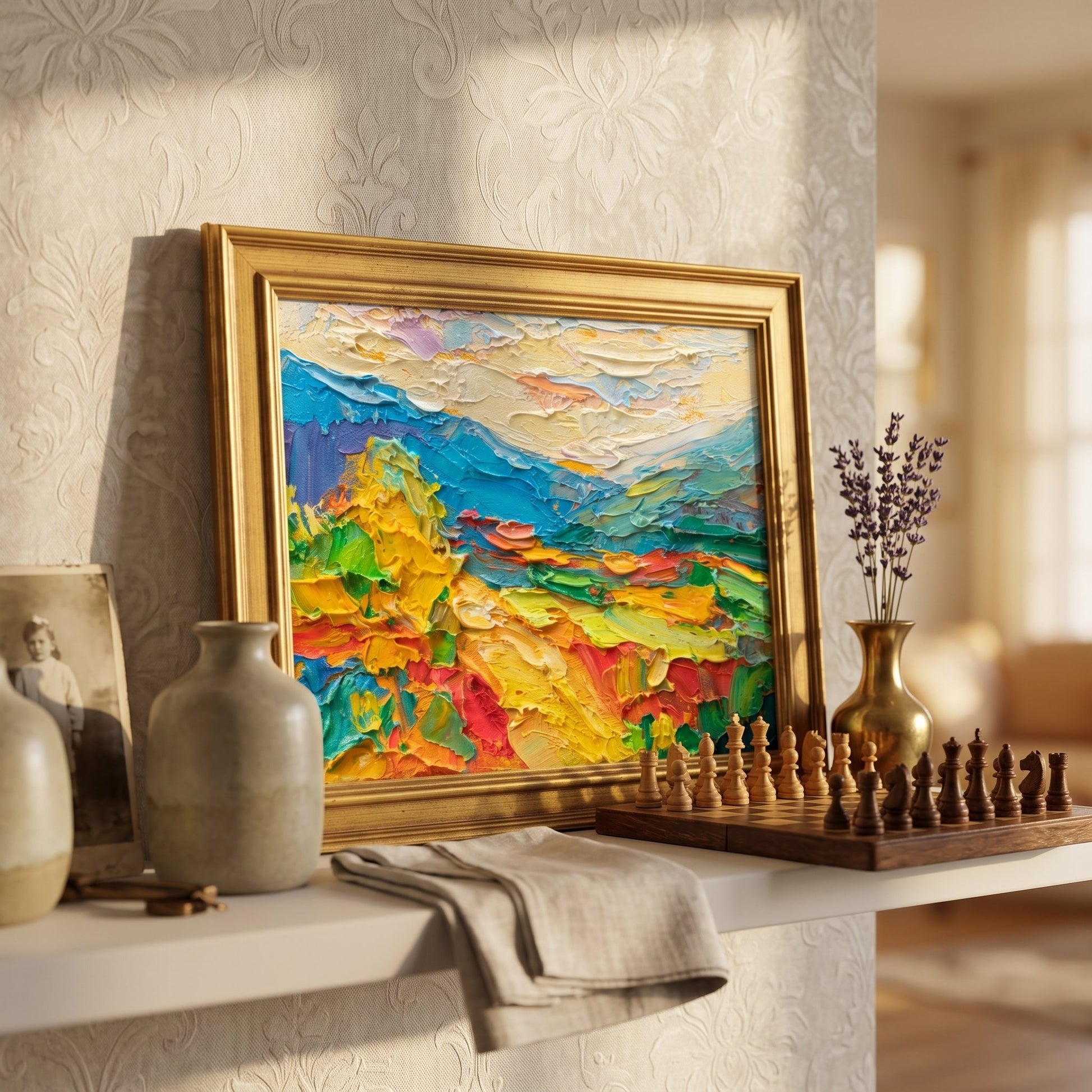 Vintage living room — vibrant Impressionist landscape transforms neutral space with bold color and texture