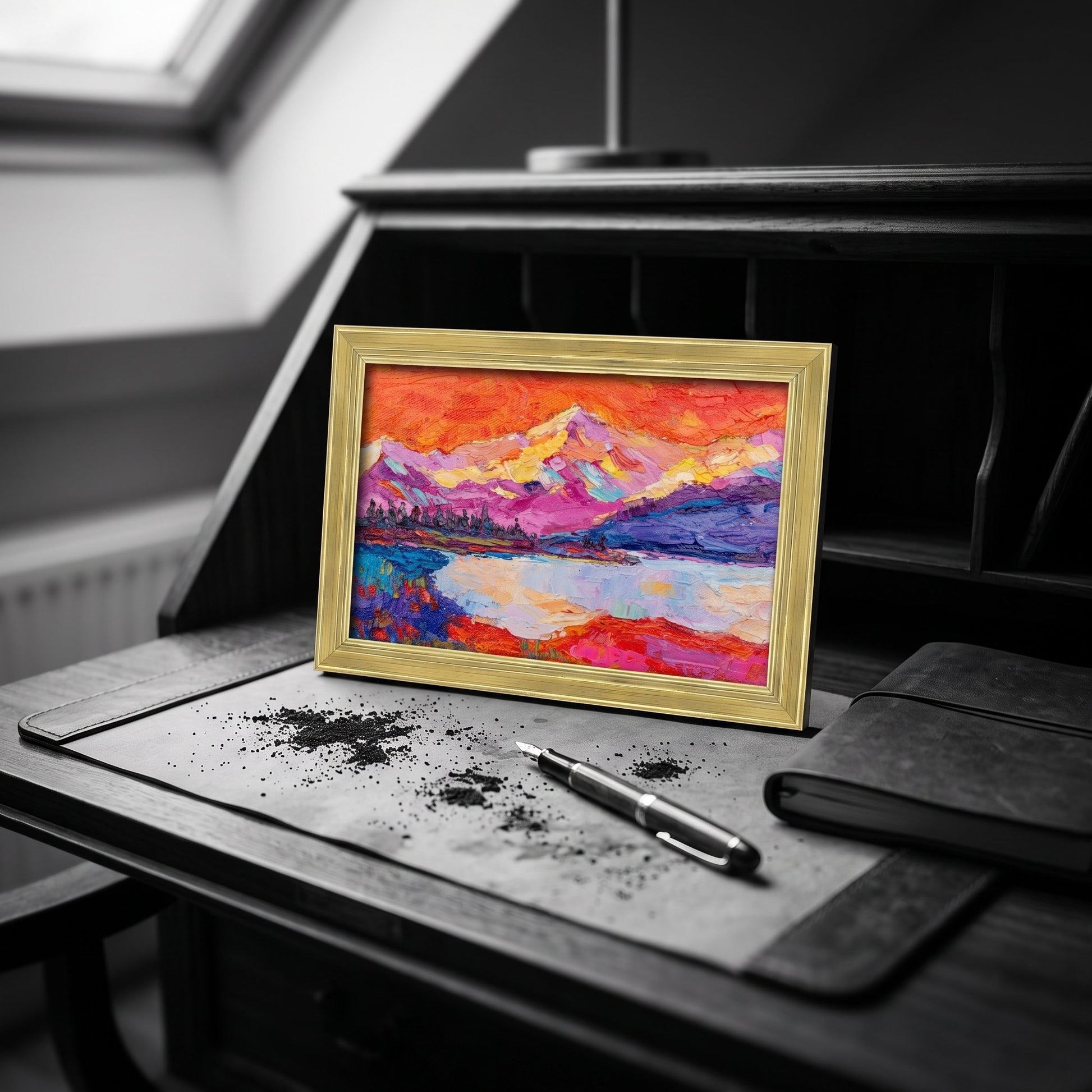Minimalist study — Vibrant expressionist landscape painting adds color and energy to a serene workspace