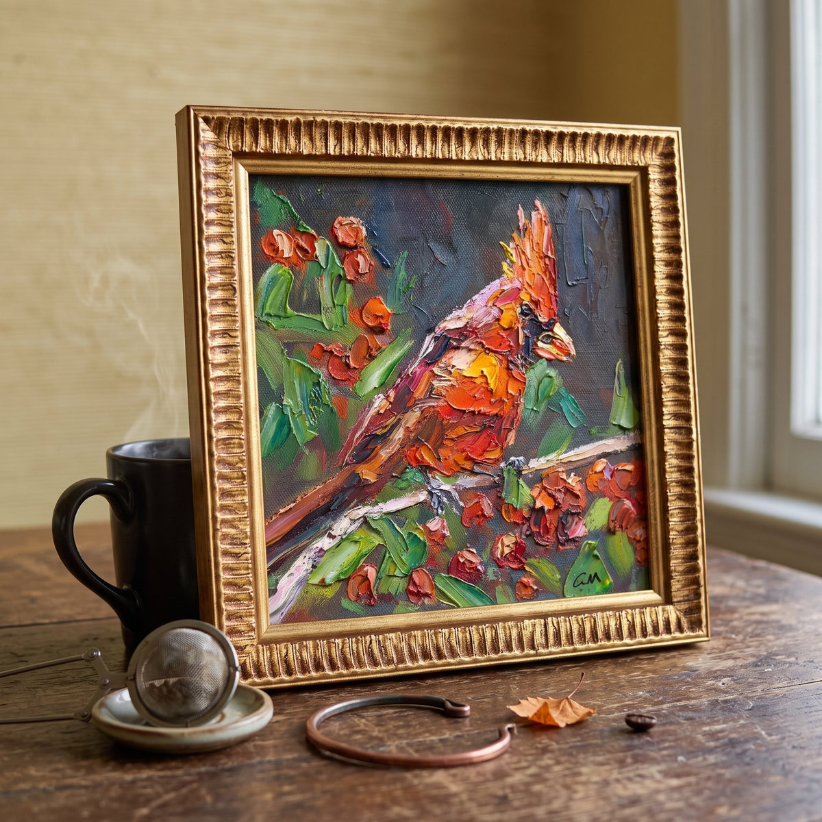Rustic farmhouse kitchen nook — expressive cardinal painting adds vibrant color and natural energy to a warm, lived-in space